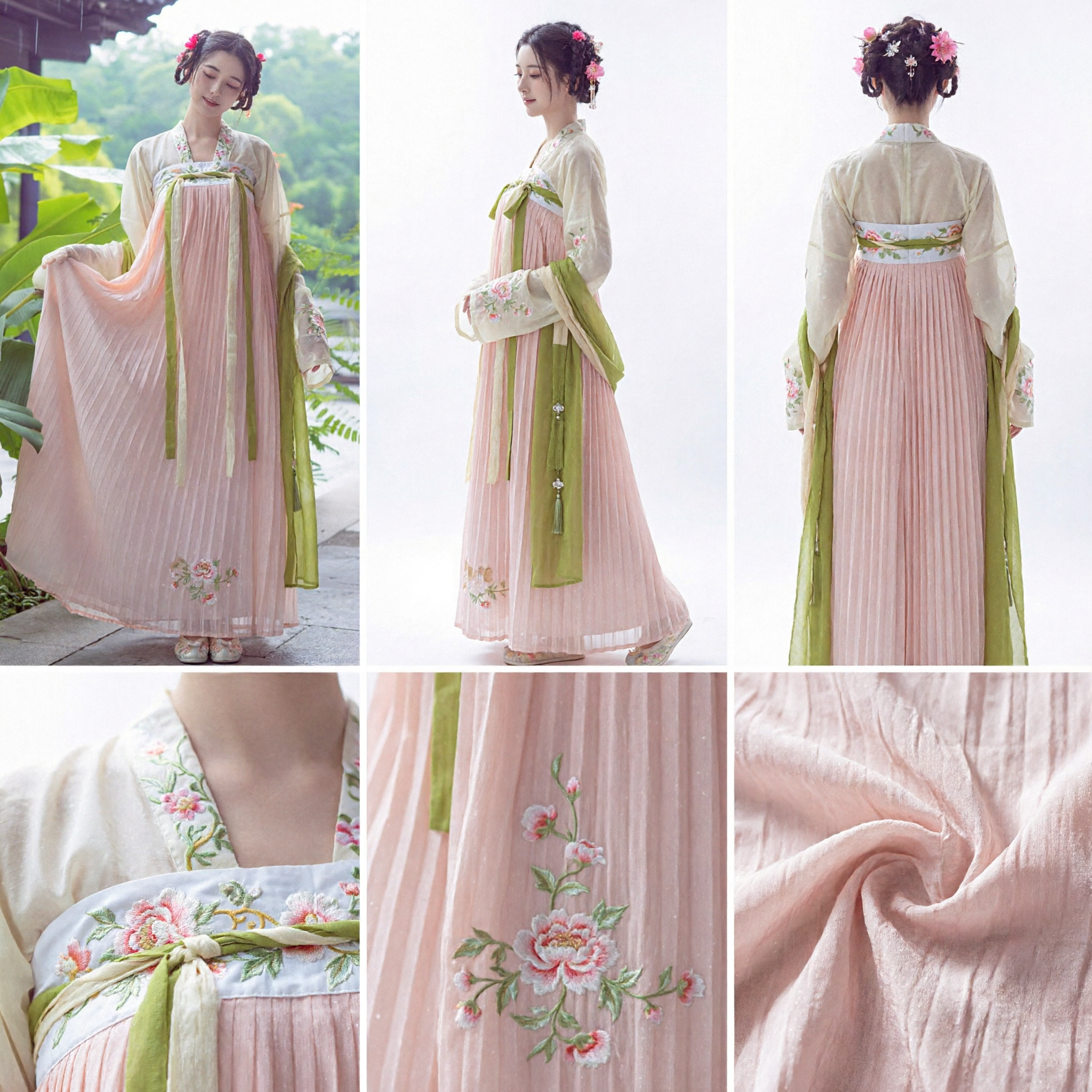 Ancient Chinese Tang Dynasty Hanfu Costume Pink Pleated Skirt Traditional Dress for Women Photography