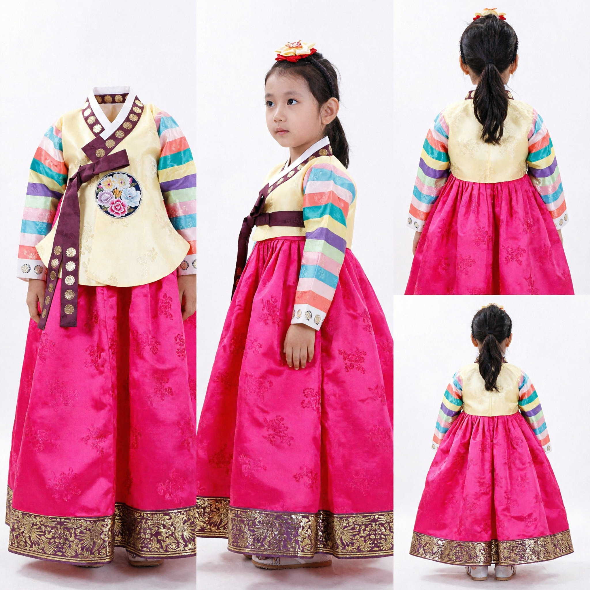 Traditional Korean Hanbok for Girls Rainbow Sleeve Jeogori Pink Chima Dress for Kids Holidays