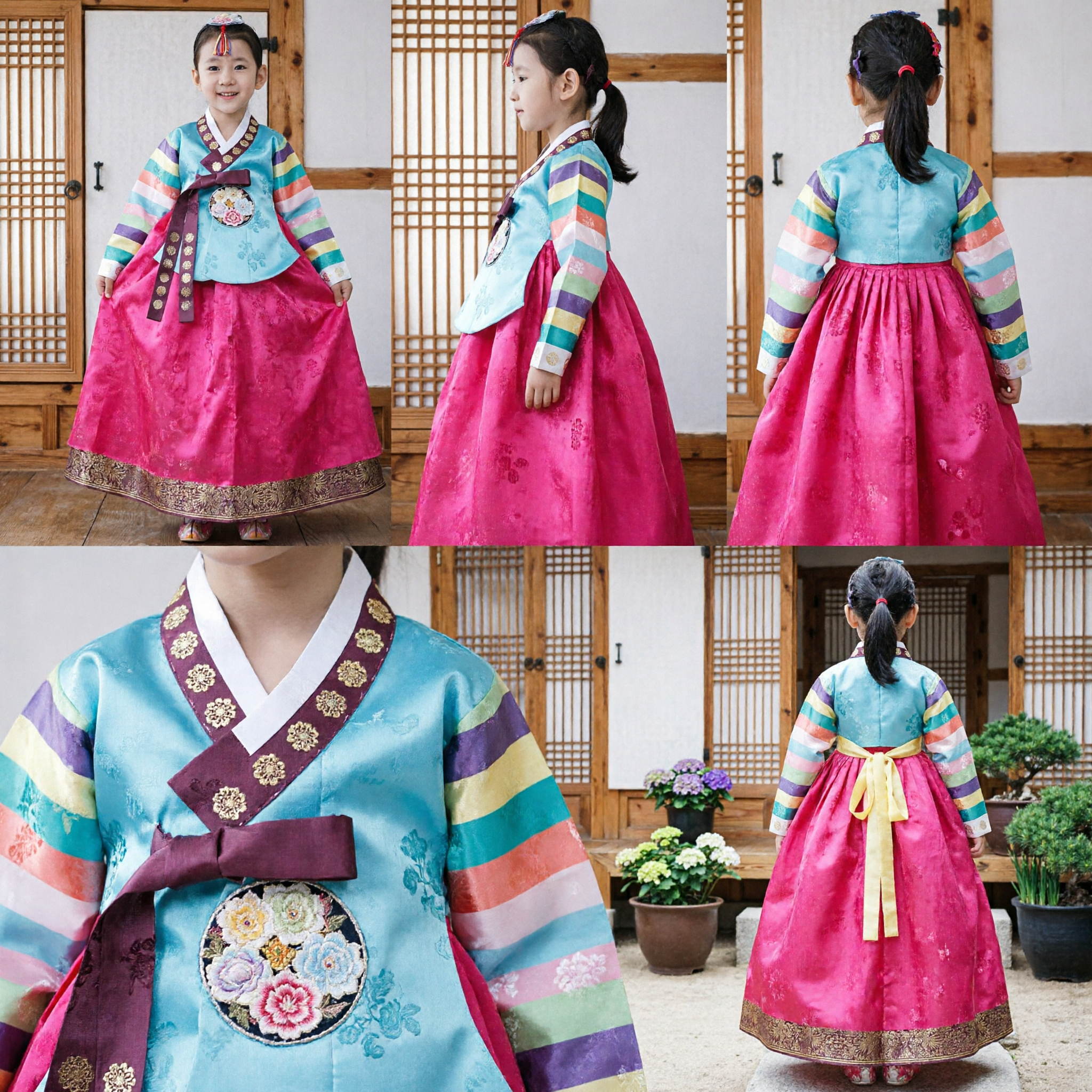Traditional Korean Hanbok for Girls Rainbow Sleeve Blue Top Pink Skirt Kids Holiday Costume