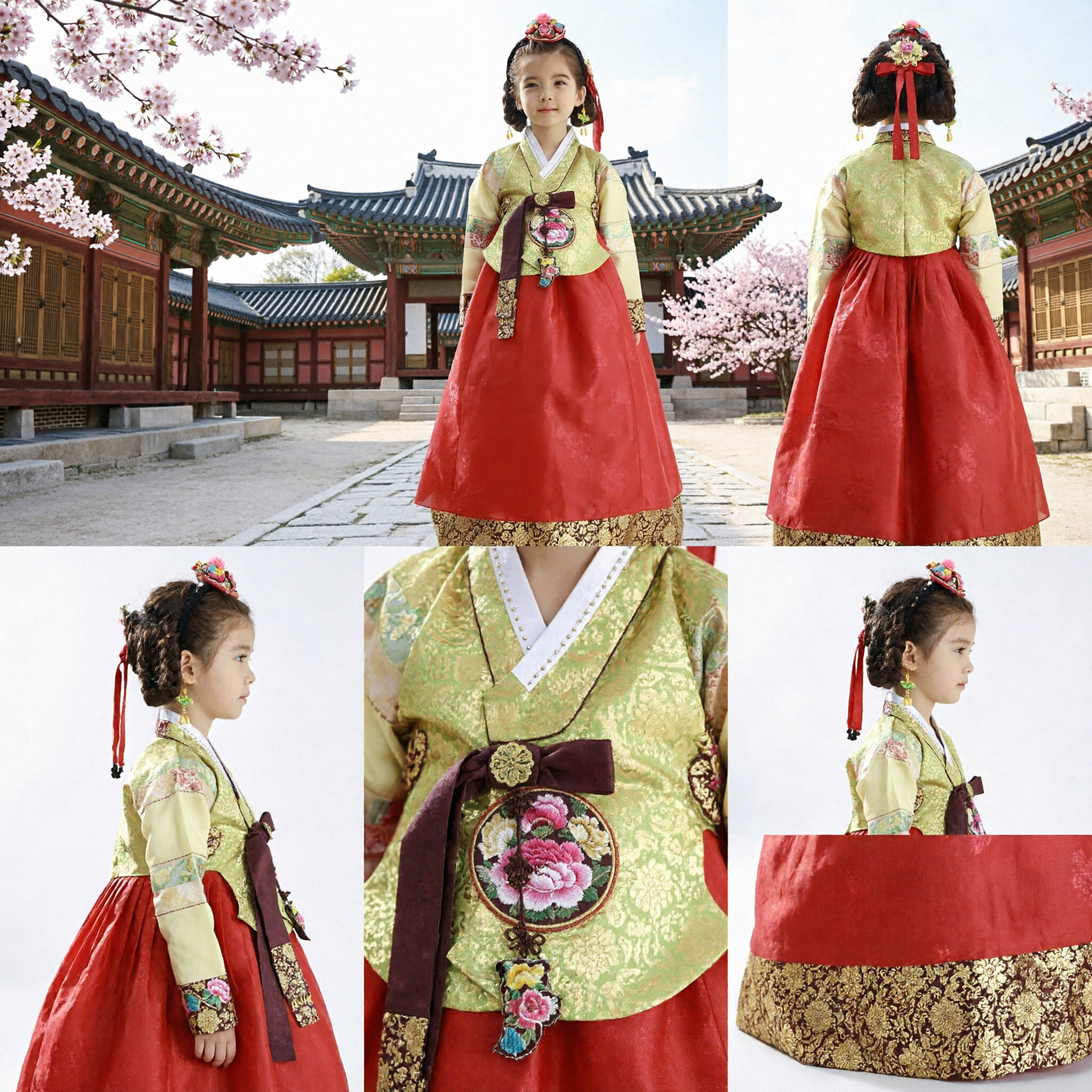 Traditional Korean Hanbok for Girls Yellow Embroidered Top Red Skirt Formal Holiday Dress Costume