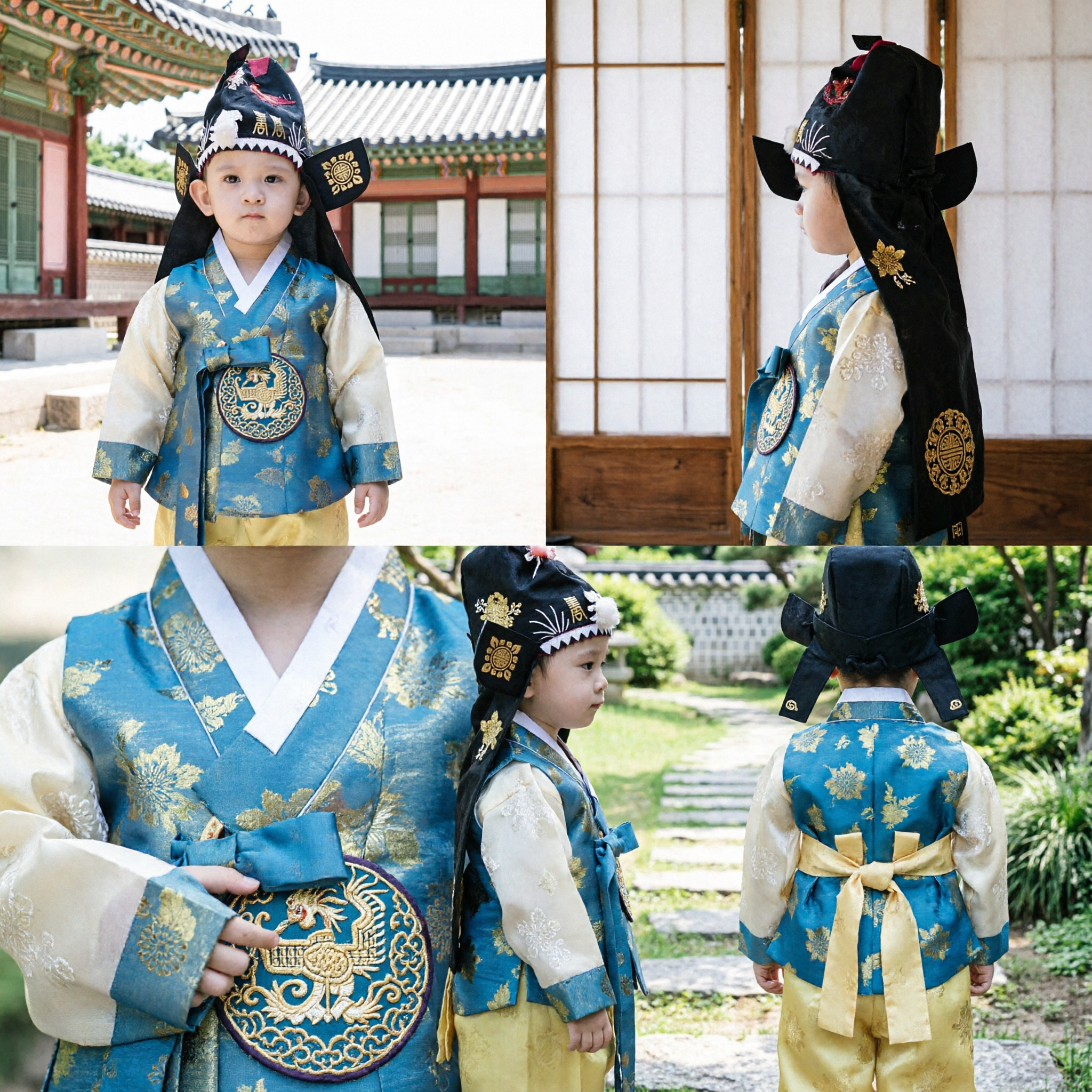 Kids Traditional Korean Hanbok Blue Gold Vest Set Boys Toddler Formal Wear First Birthday Outfit