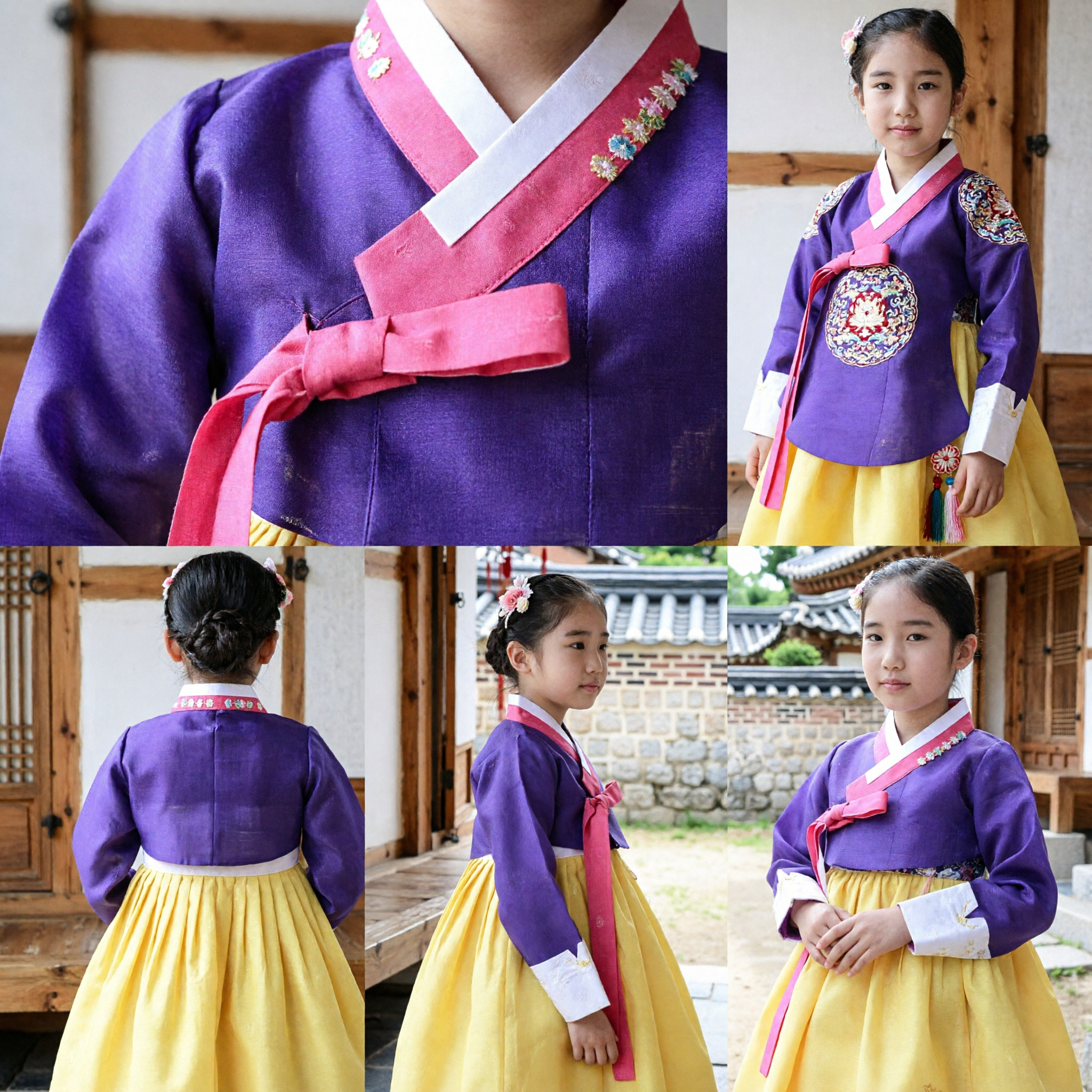 Traditional Korean Hanbok for Kids Girls Purple Top Yellow Skirt Dress for Holiday Party