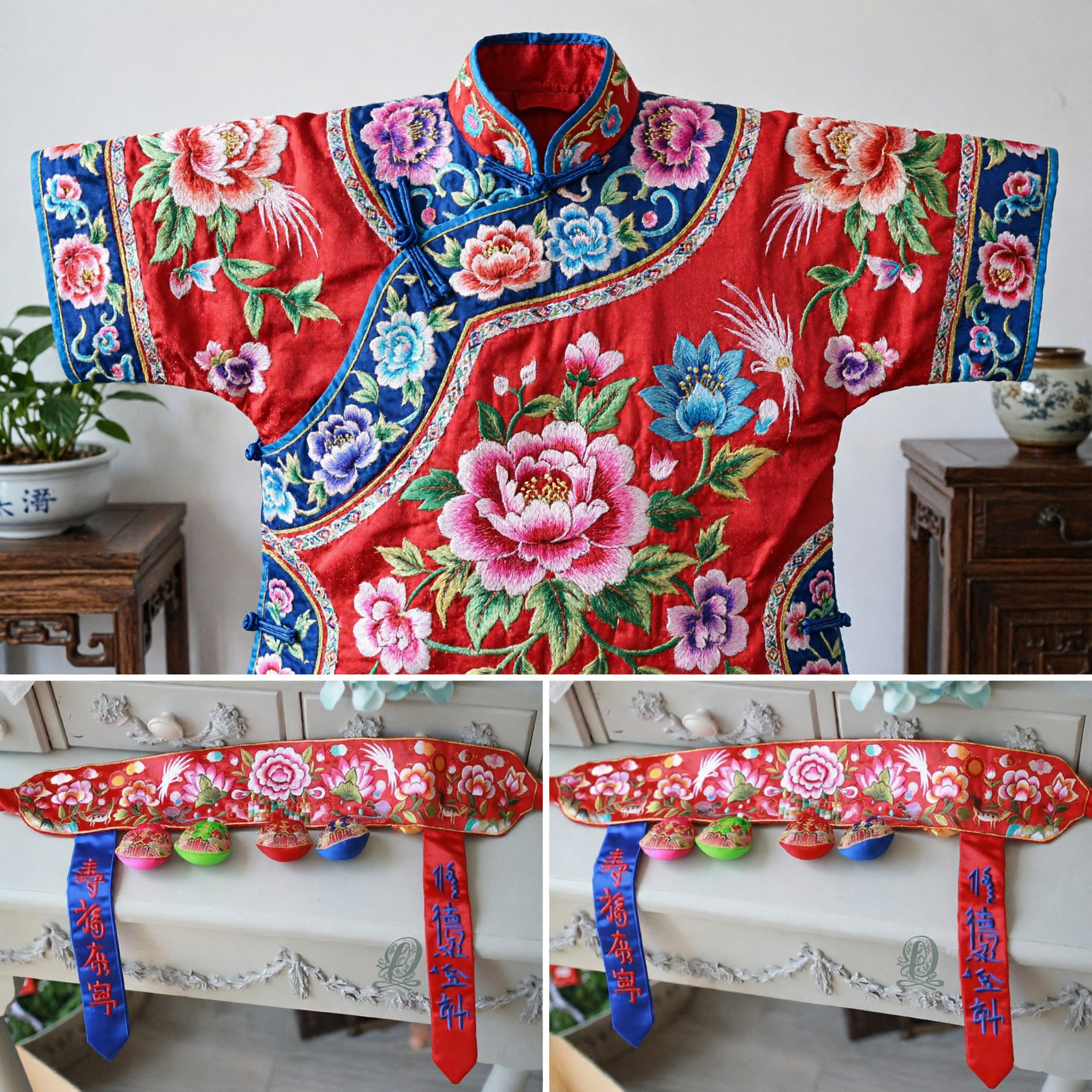 Traditional Chinese Handmade Embroidered Baby Sash with Auspicious Flowers and Hanging Ornaments for Newborn Full Moon Gift
