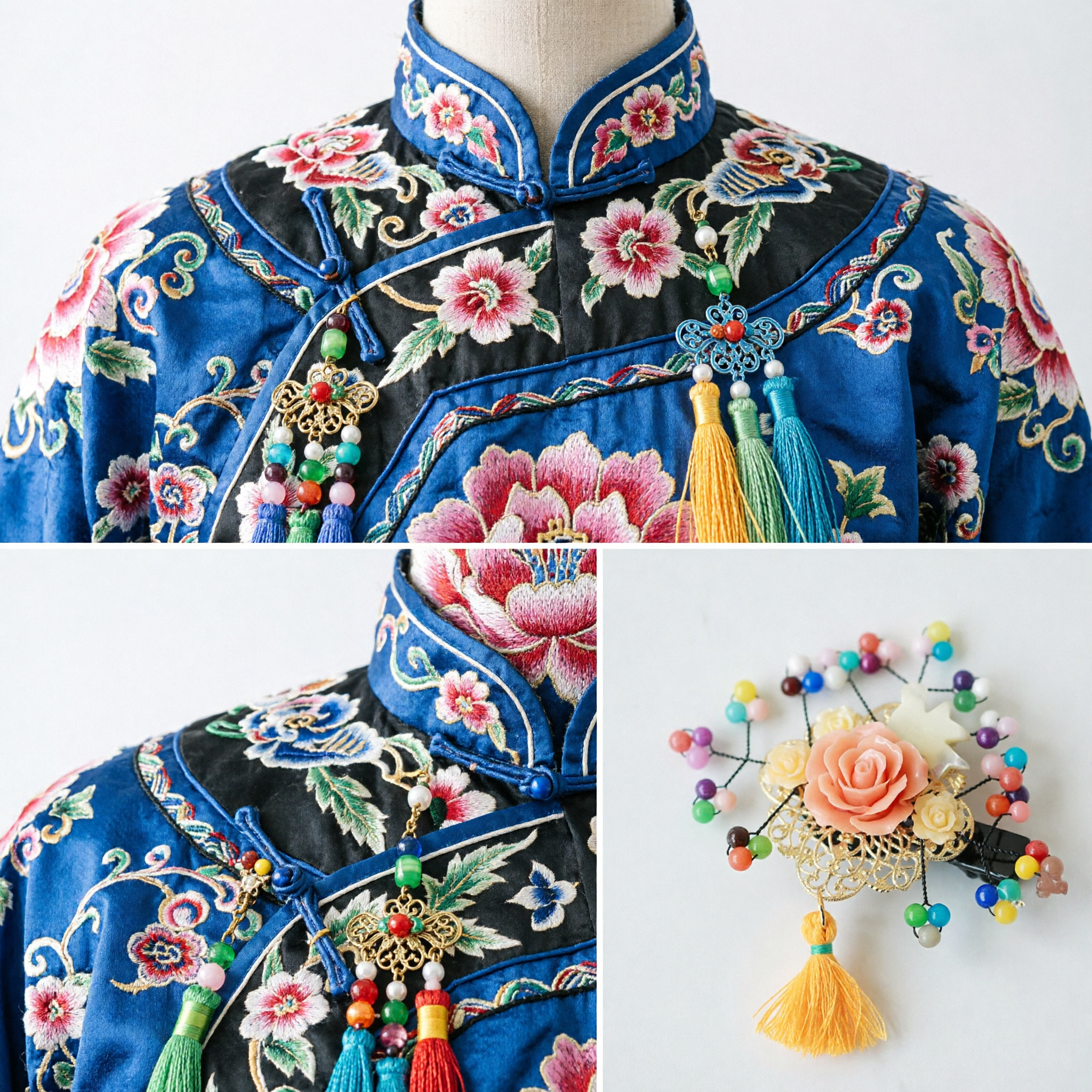 Traditional Chinese Hanfu Hair Accessory Rose Flower Beaded Hairpin with Tassel for Women Girls Ancient Style Costume