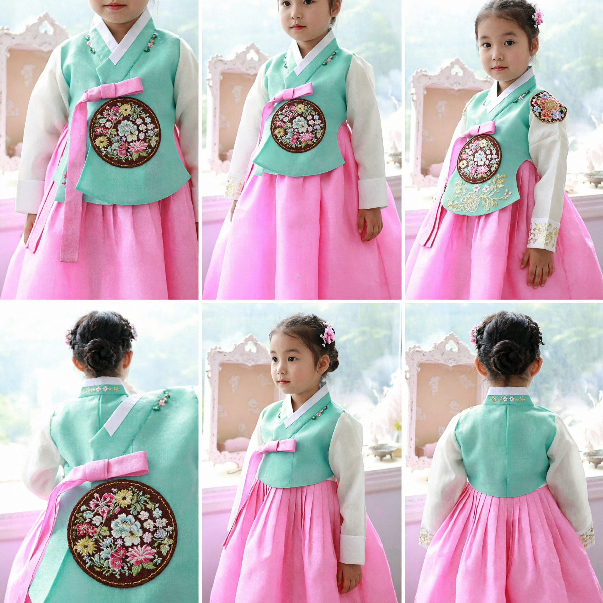 Traditional Korean Hanbok Dress for Girls Kids Embroidered Mint Green Top Pink Skirt Formal Occasion Costume