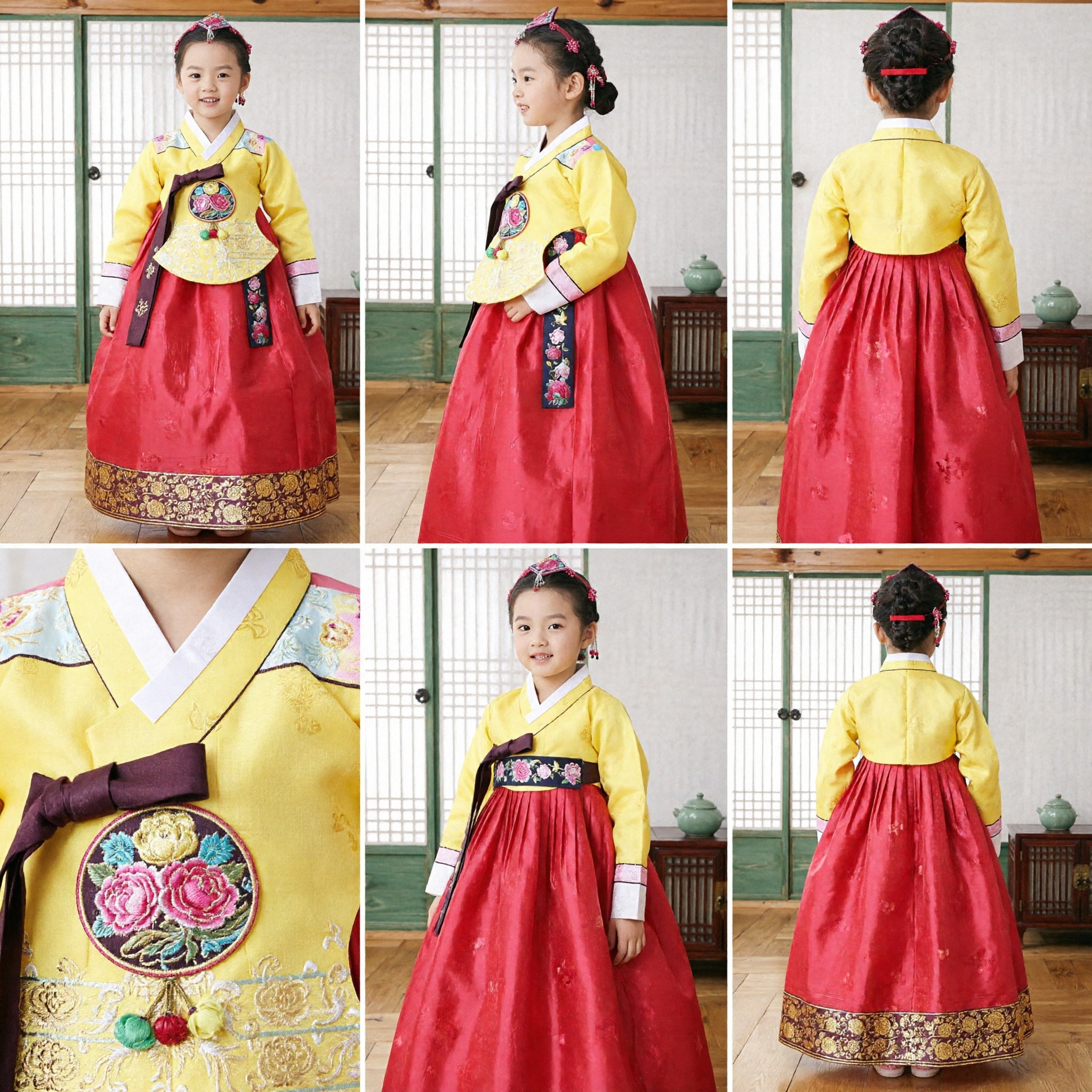 Kids Korean Hanbok Traditional Dress Yellow Top Red Skirt Embroidered Costume for Girls Festival Wedding