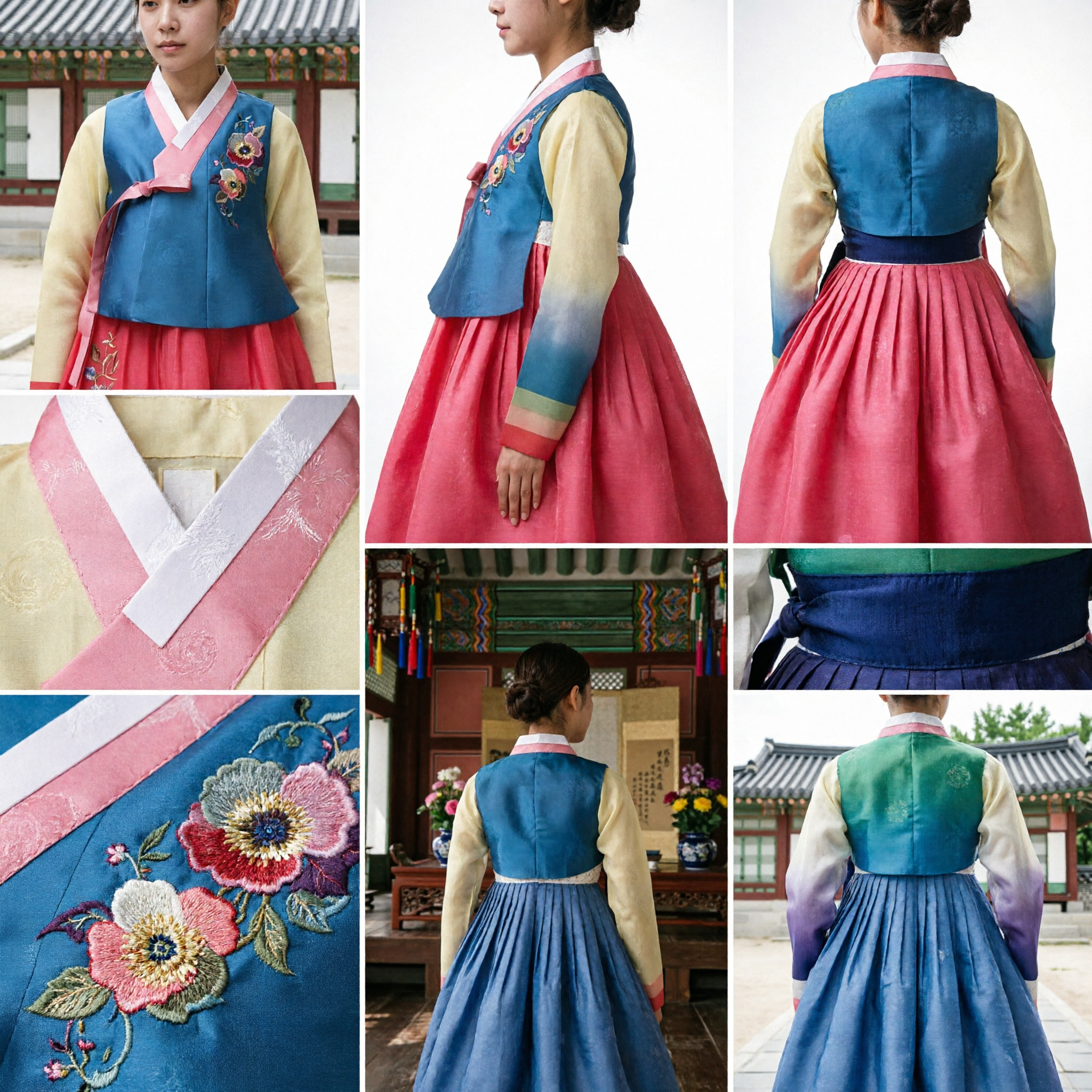 Traditional Korean Hanbok Women's Blue Floral Embroidered Vest and Pink Skirt Set for Wedding and Parties