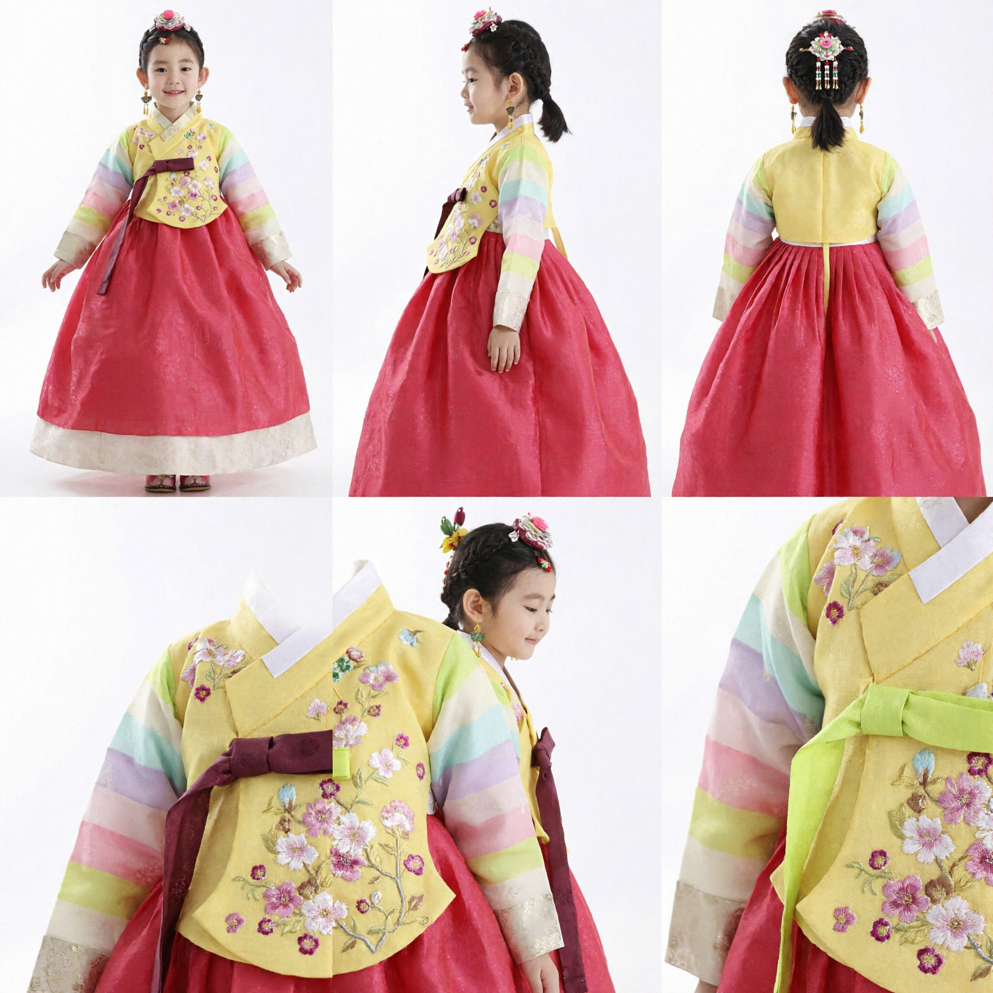 Kids Korean Traditional Hanbok Dress Yellow Embroidered Top with Rainbow Sleeves and Pink Skirt Girl's Costume