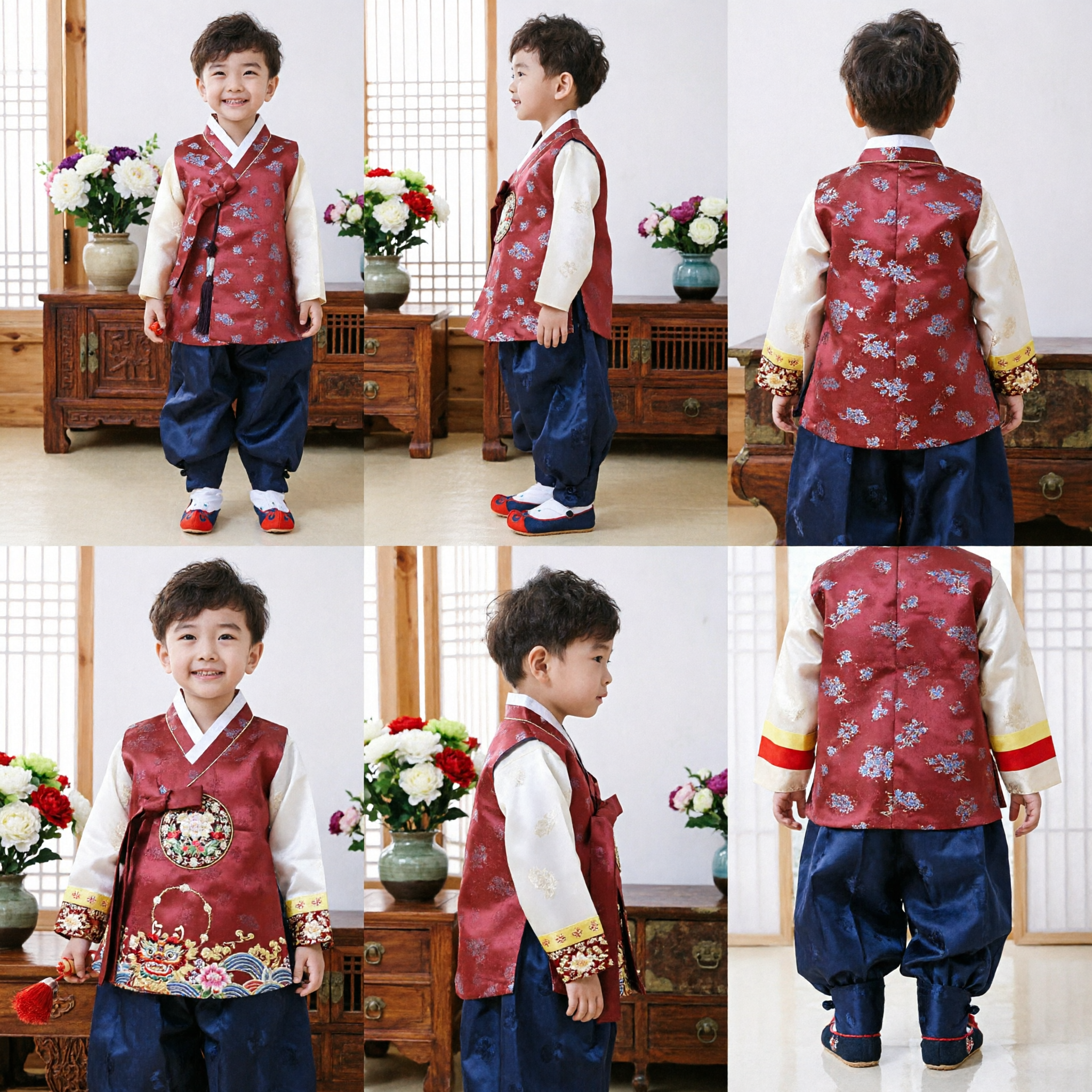 Boys Traditional Korean Hanbok Costume Red Floral Vest Navy Pants for Wedding Birthday