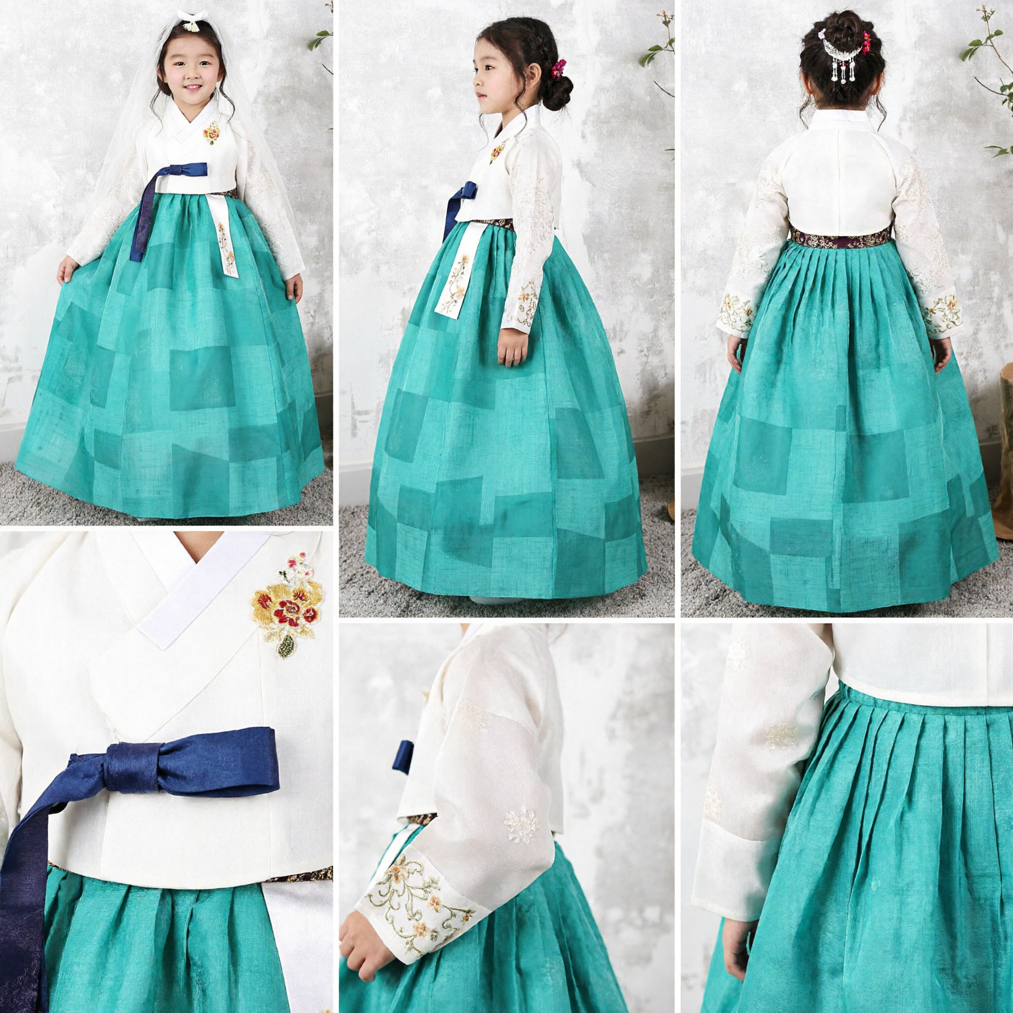 Girls Traditional Korean Hanbok Set Green Skirt White Top for Doljanchi Wedding Ceremony
