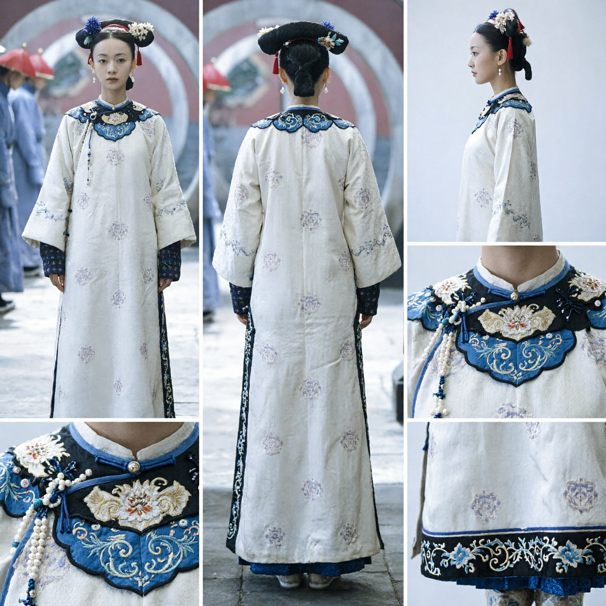 Traditional Chinese Qing Dynasty Palace Concubine Costume White Embroidered Robe Ancient Drama Clothing for Women