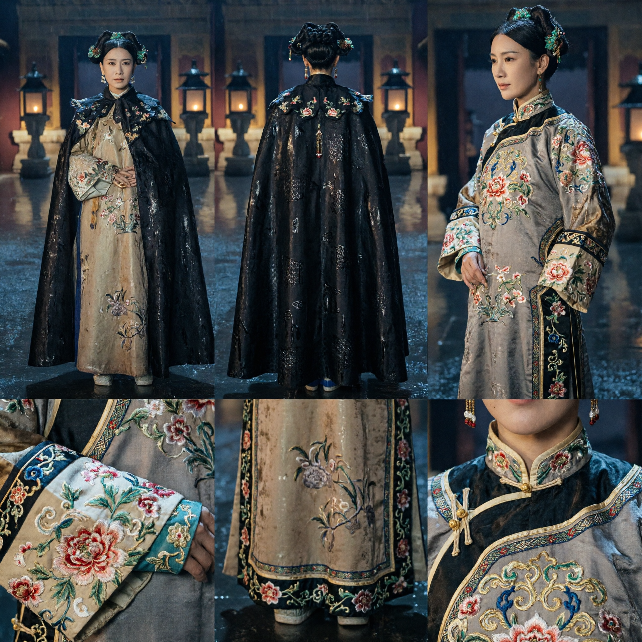 Ancient Chinese Qing Dynasty Manchu Noble Lady Black Cloak Cape Embroidered Robe Traditional Costume for Women