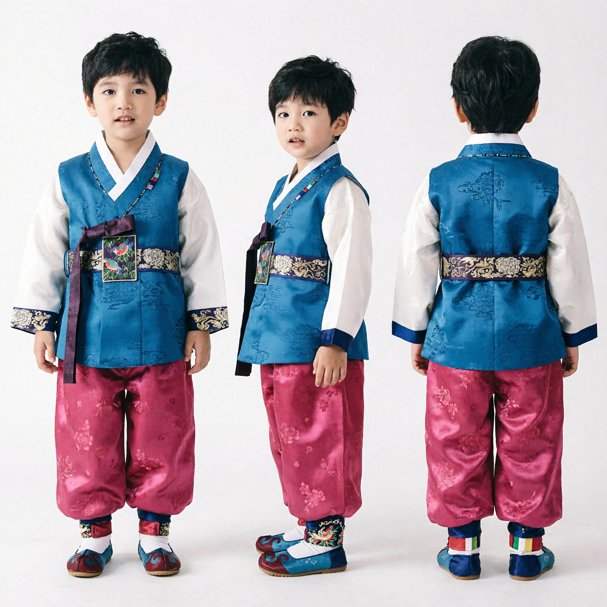 Boys Korean Traditional Hanbok Set Blue Vest Red Pants Kids Formal Holiday Costume