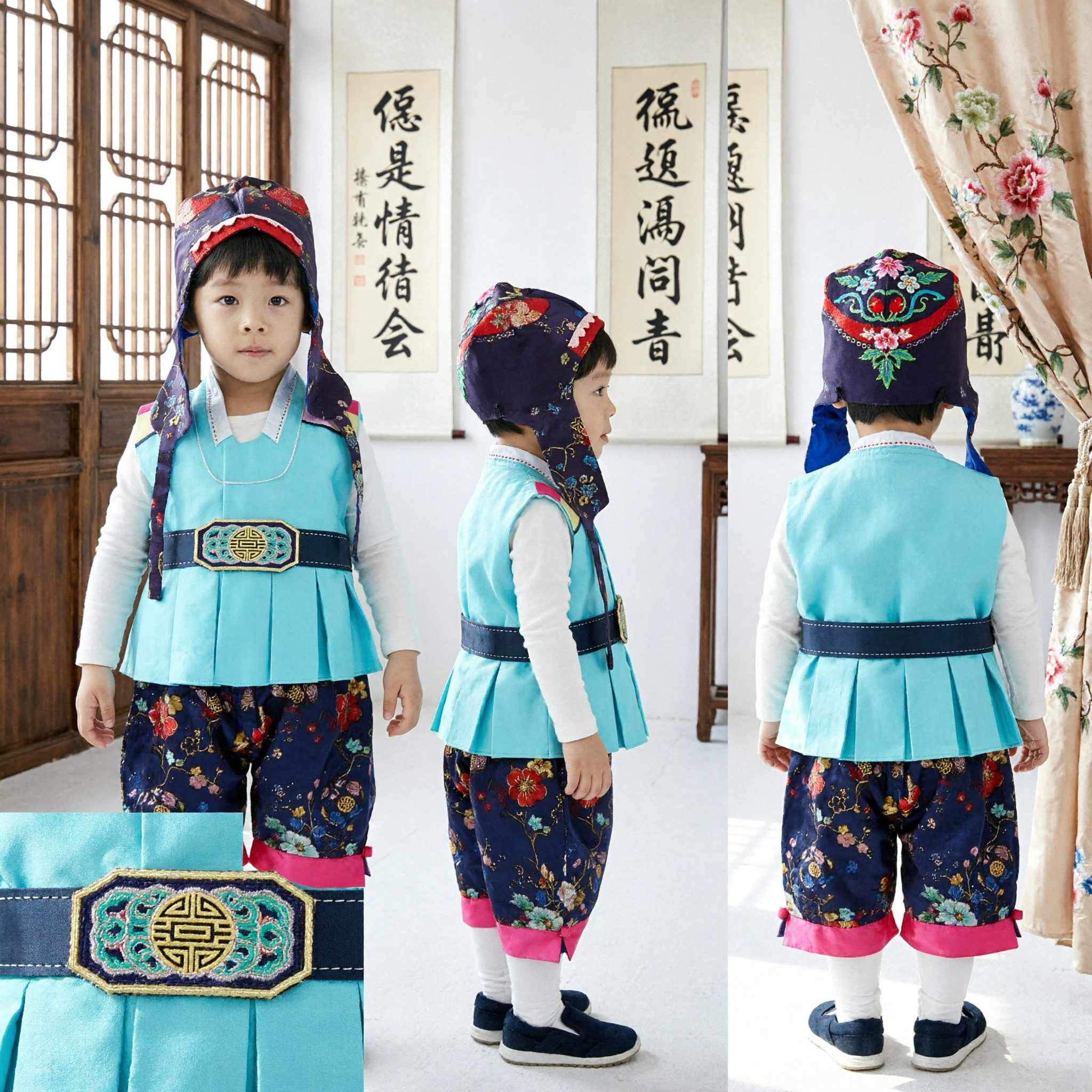 Traditional Korean Hanbok for Boys Blue Embroidered Vest and Pants Set for Kids Ceremonial Occasions