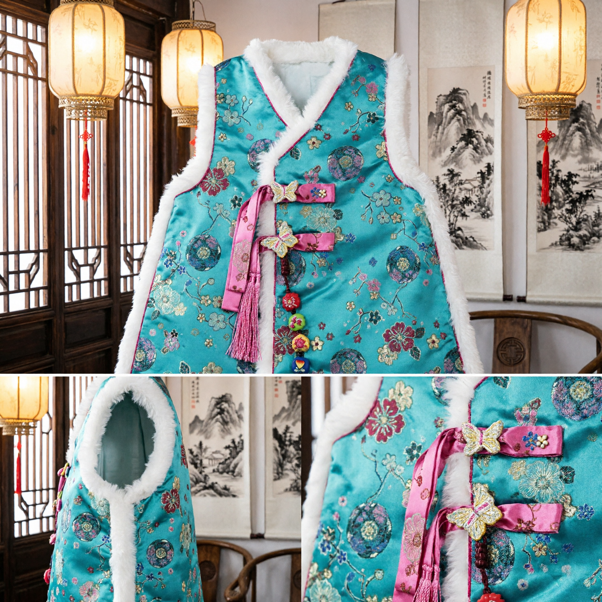 Girls Traditional Chinese Floral Vest Winter Fur Lined Tang Suit Waistcoat for New Year Celebration