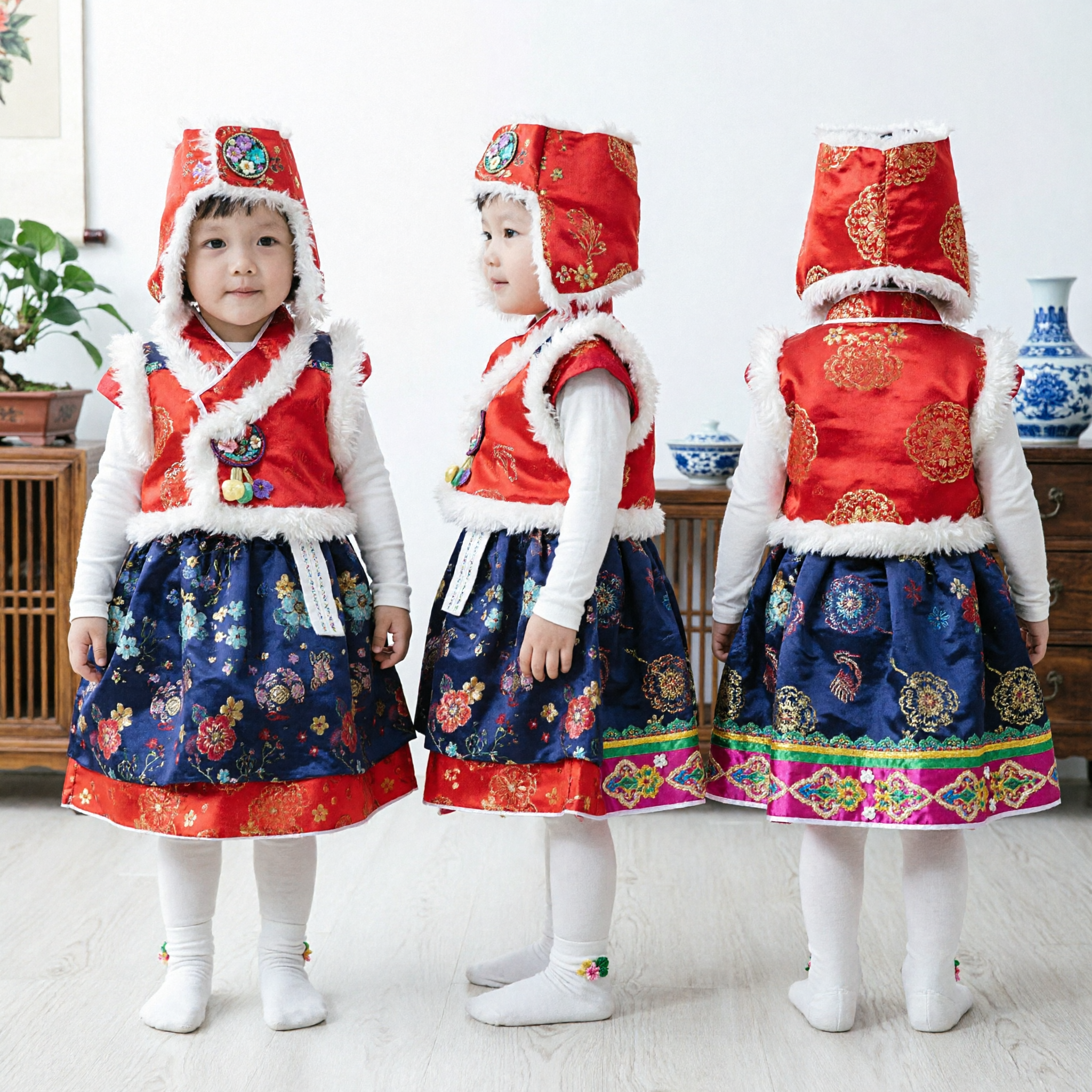 Traditional Korean Hanbok Baby Girl Winter Dress Set Red Fur Trim Top Floral Skirt for First Birthday