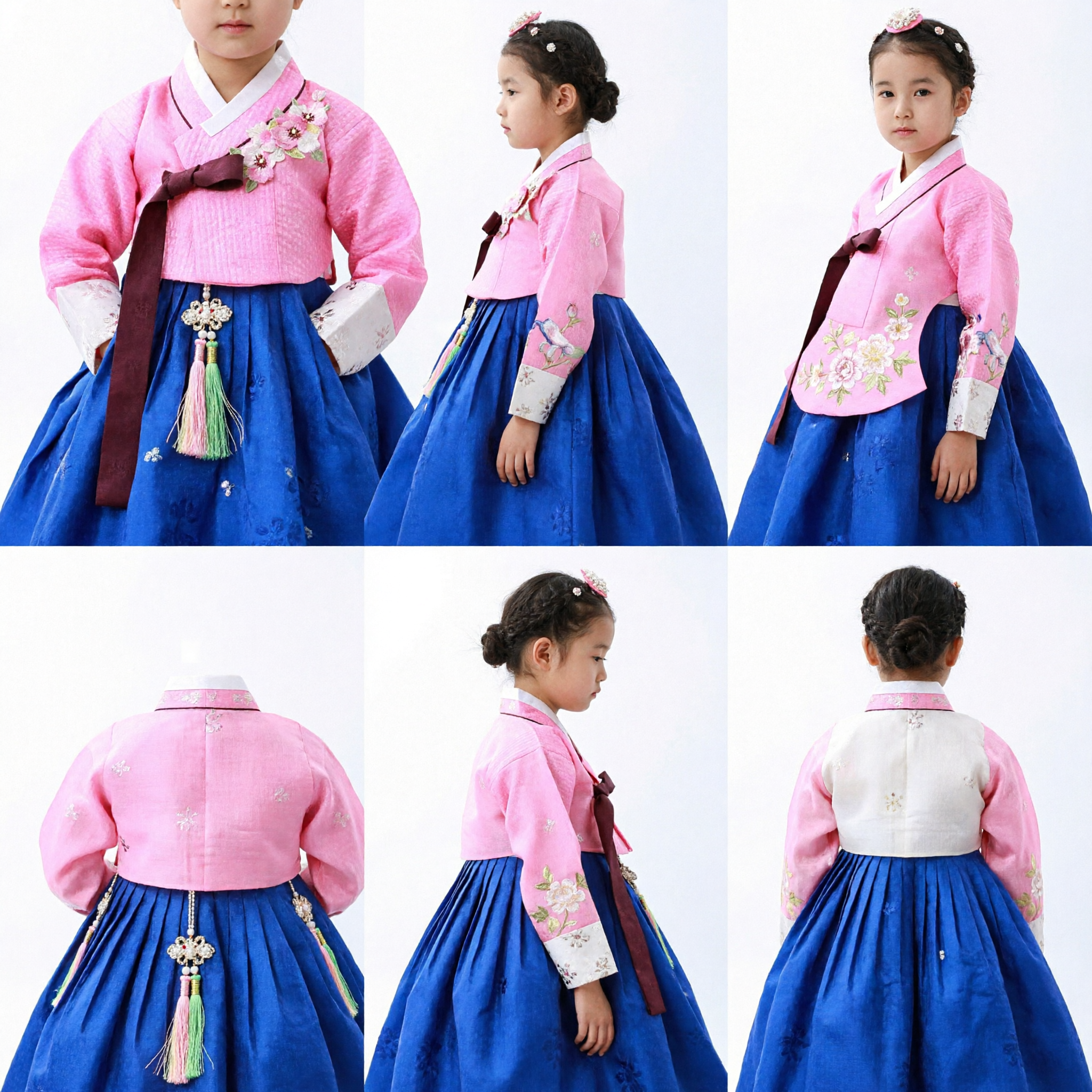 Girls Korean Traditional Hanbok Dress Pink Embroidered Top Royal Blue Skirt for Special Occasions