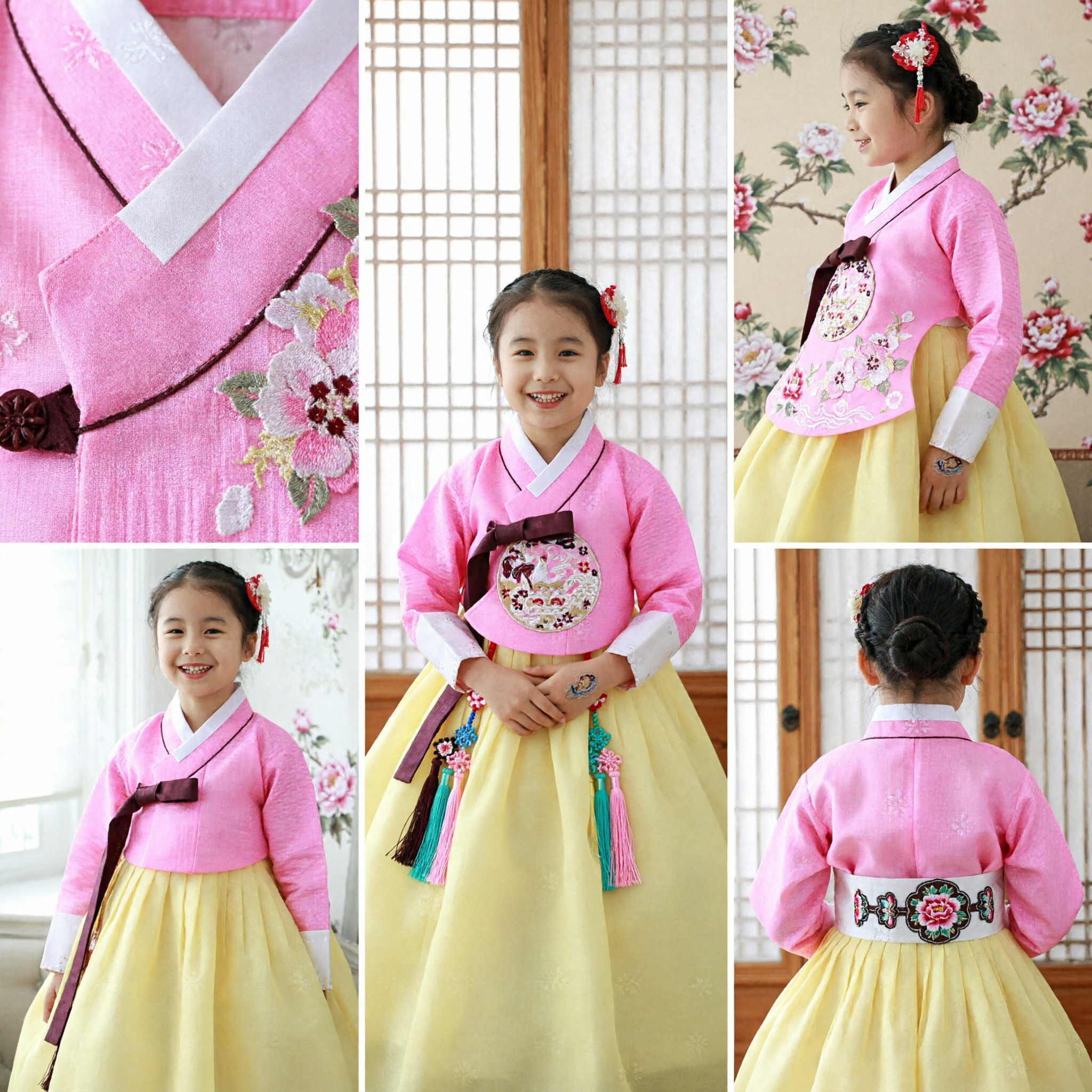 Girls Korean Hanbok Traditional Costume Pink Floral Top Yellow Skirt for Birthday Wedding Party
