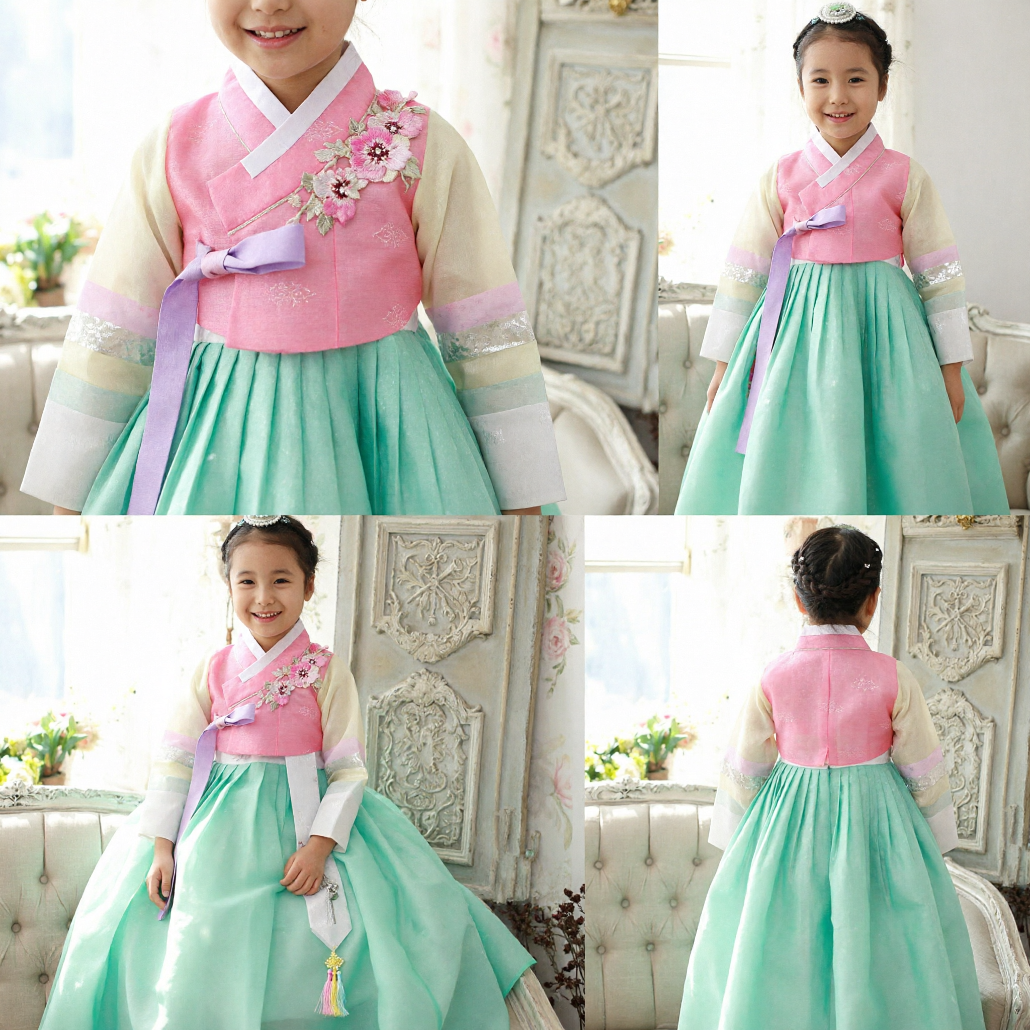 Girls Traditional Korean Hanbok Dress Pink Embroidered Top Mint Green Skirt for Birthday Doljanchi Party