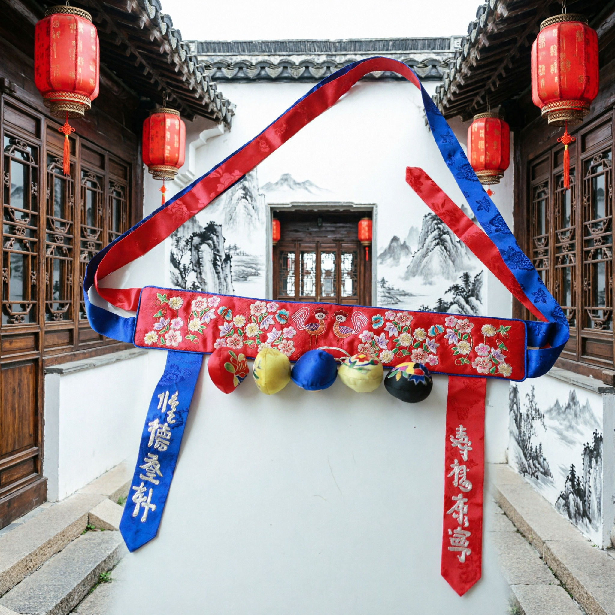 Traditional Korean Baby Dol Belt Red Embroidered Sash with Five Color Pouches for First Birthday Hanbok Accessory