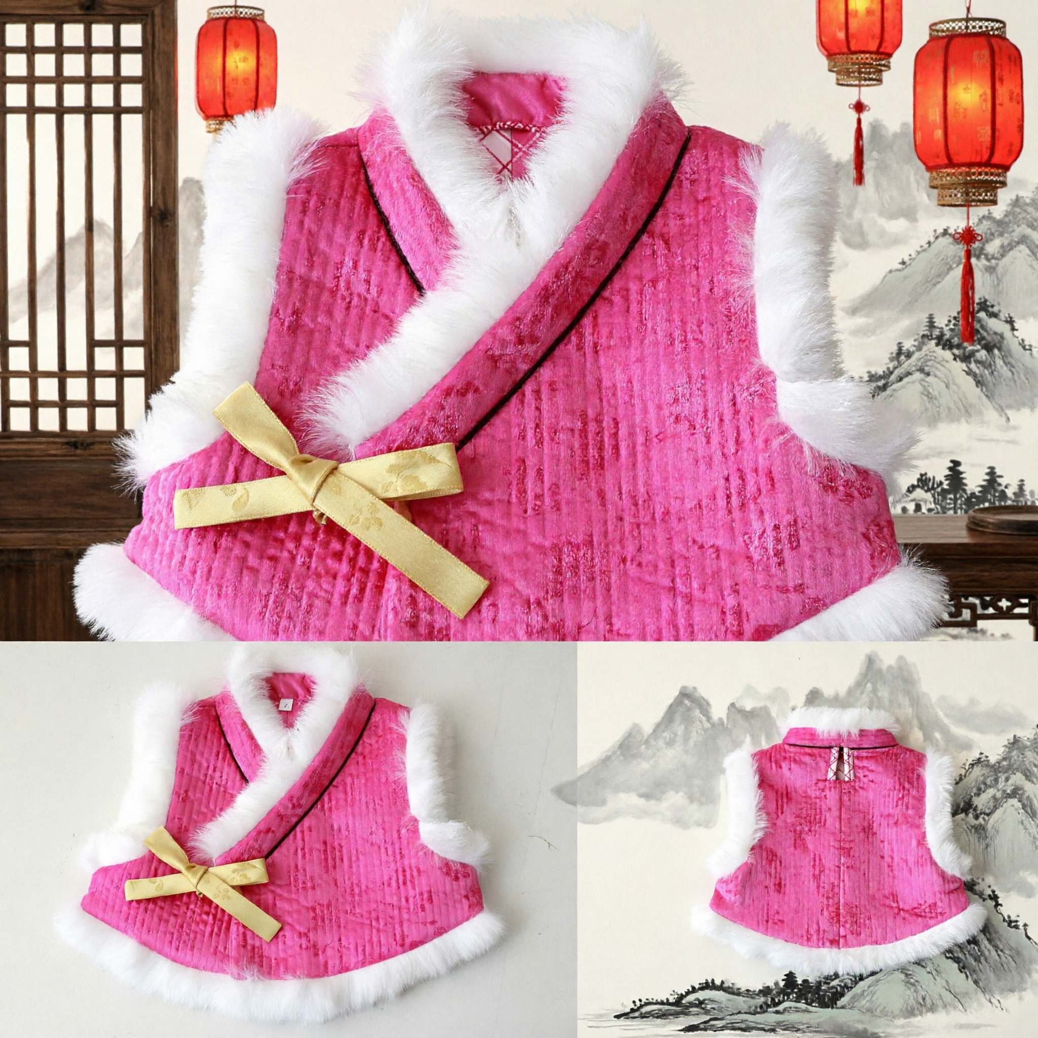 Traditional Chinese Pink Winter Vest for Baby Girls with White Fur Trim for Lunar New Year Celebration