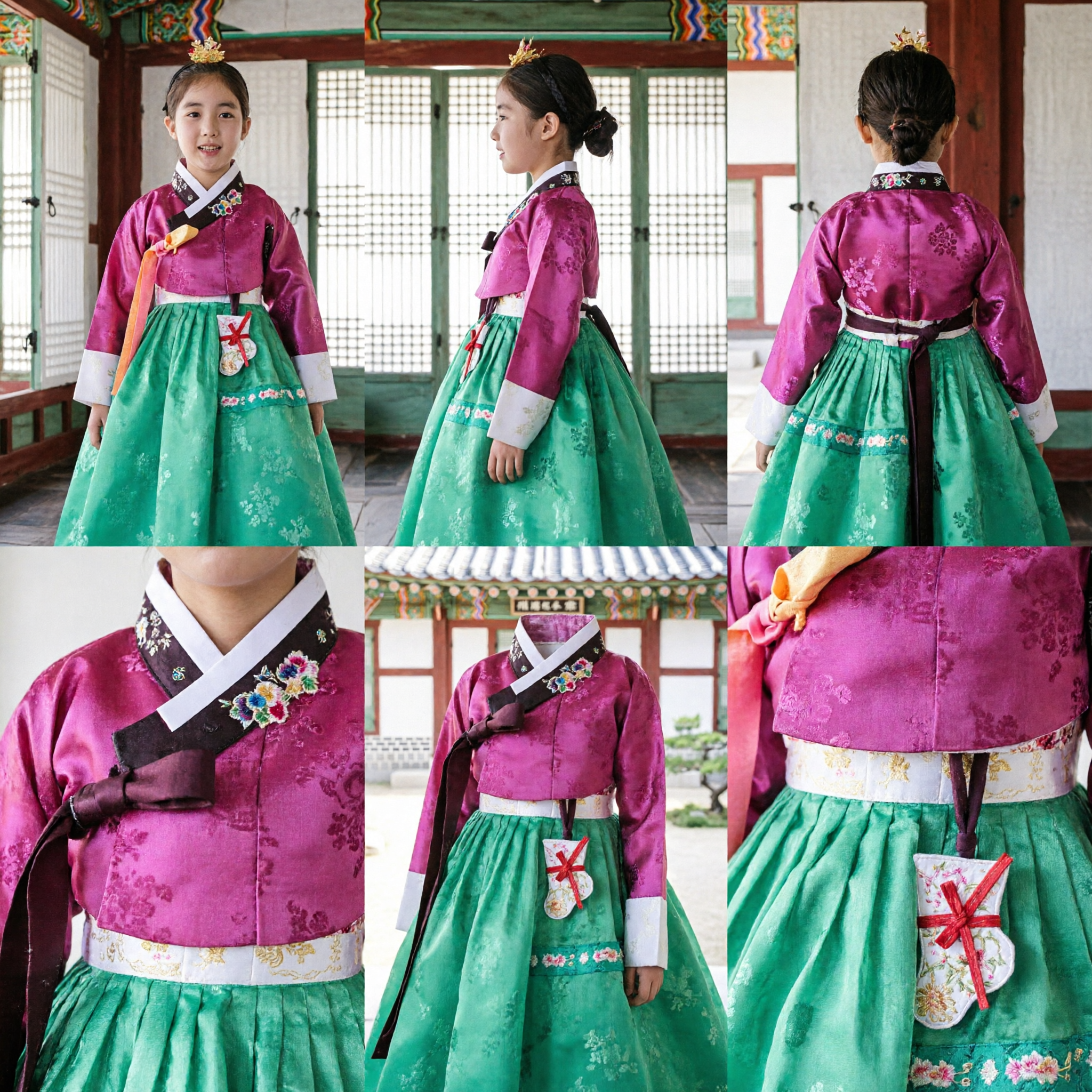 Traditional Korean Hanbok Dress for Girls Pink Top Green Skirt Formal Costume for Holiday Parties
