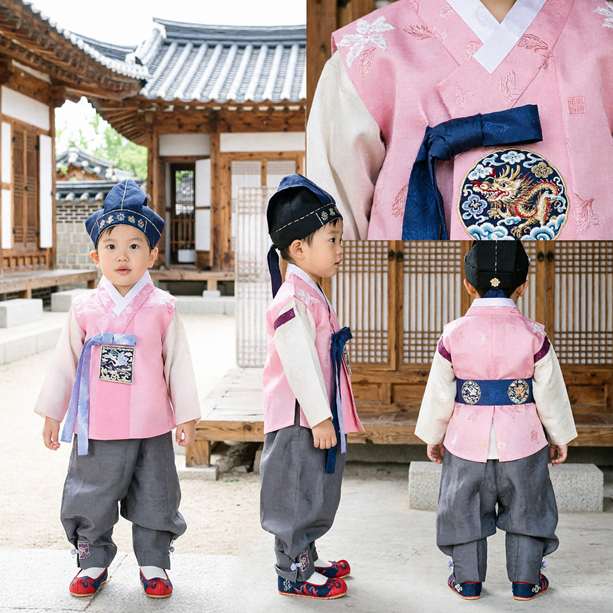 Traditional Korean Hanbok Baby Boy Costume Pink Vest Grey Pants Hat for First Birthday Celebration
