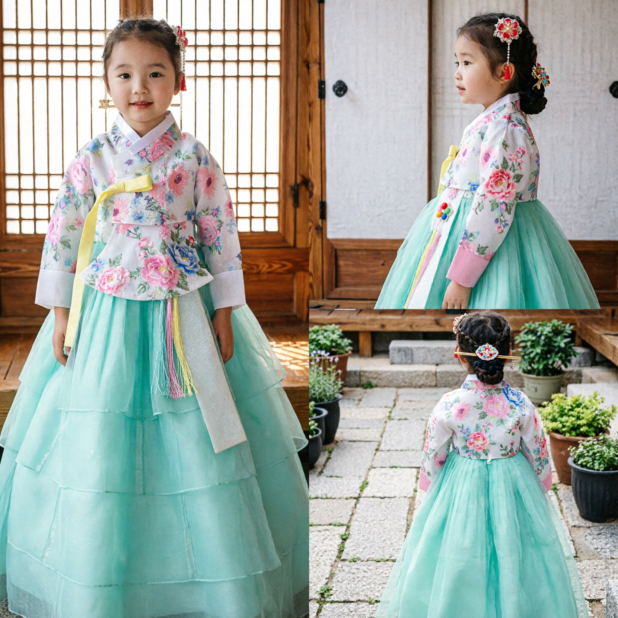 Traditional Korean Hanbok for Girls Floral Jeogori Top Mint Green Tulle Chima Dress for Special Occasions