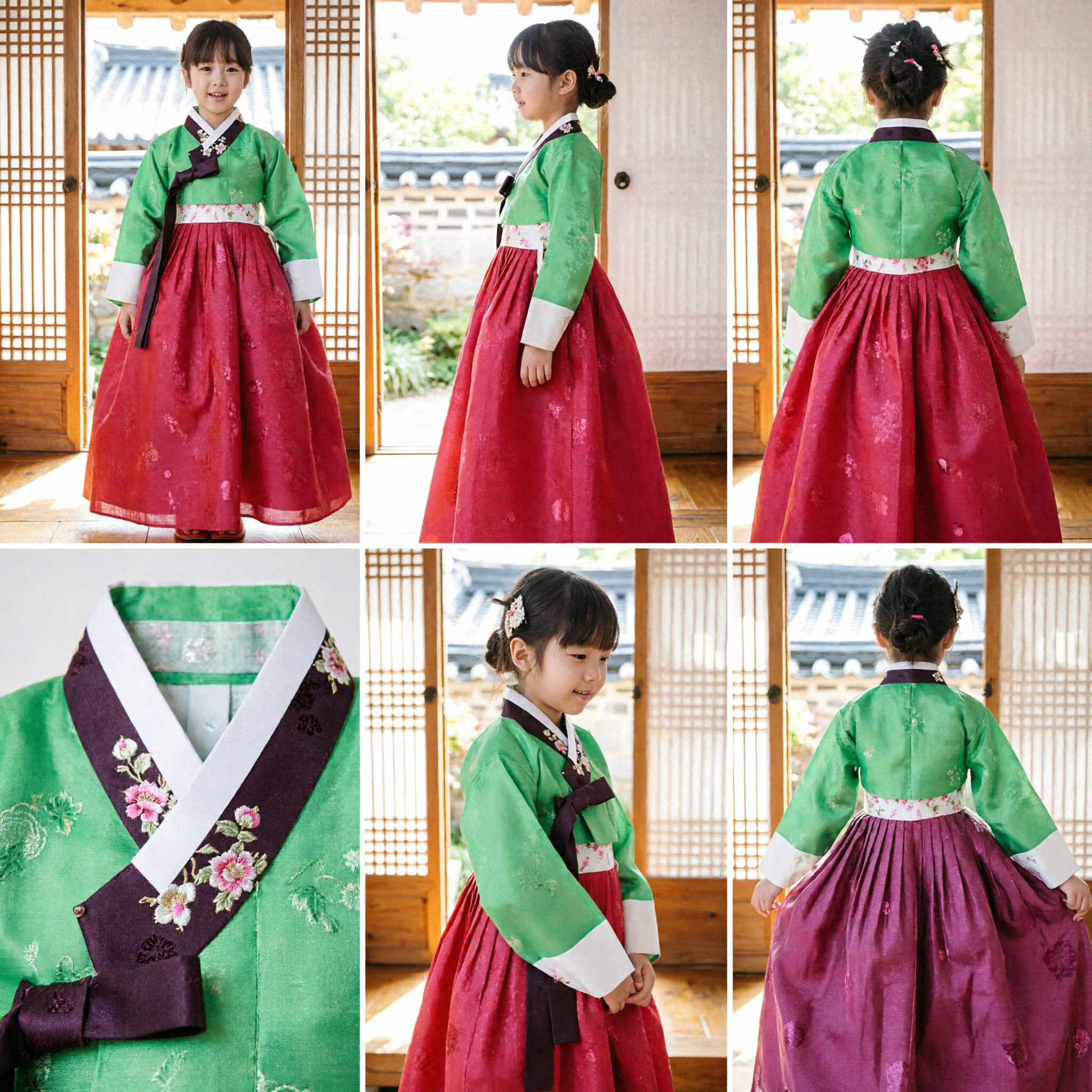 Traditional Korean Hanbok for Girls Green Top Red Skirt Kids Holiday Costume for Chuseok Wedding