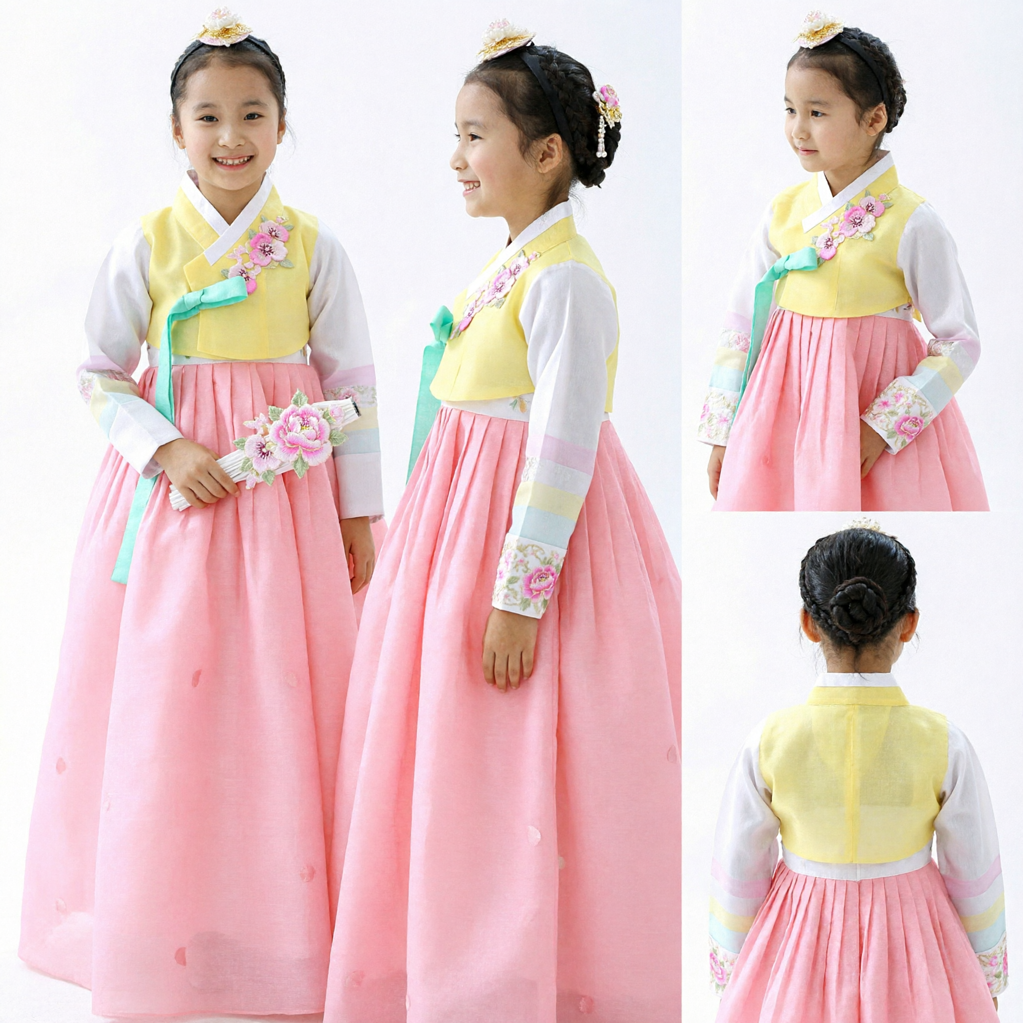 Kids Traditional Korean Hanbok Costume Girl Yellow Embroidered Top Pink Skirt Set for Wedding Party