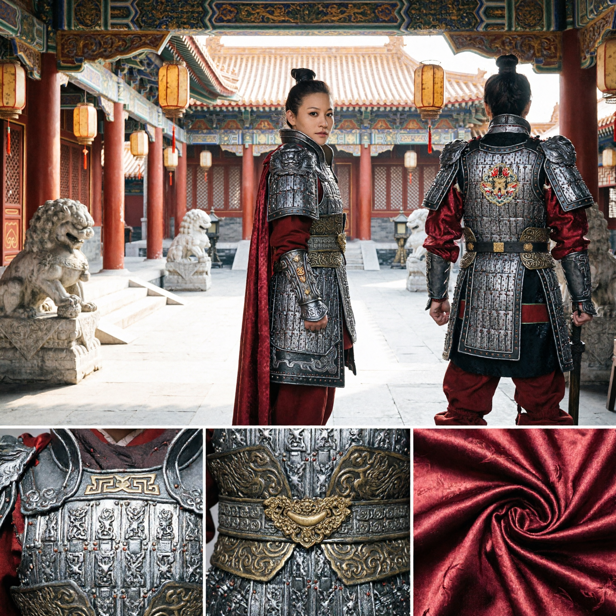 Ancient Chinese Female General Armor Costume Traditional Warrior Cosplay Outfit with Red Cape for Stage Performance