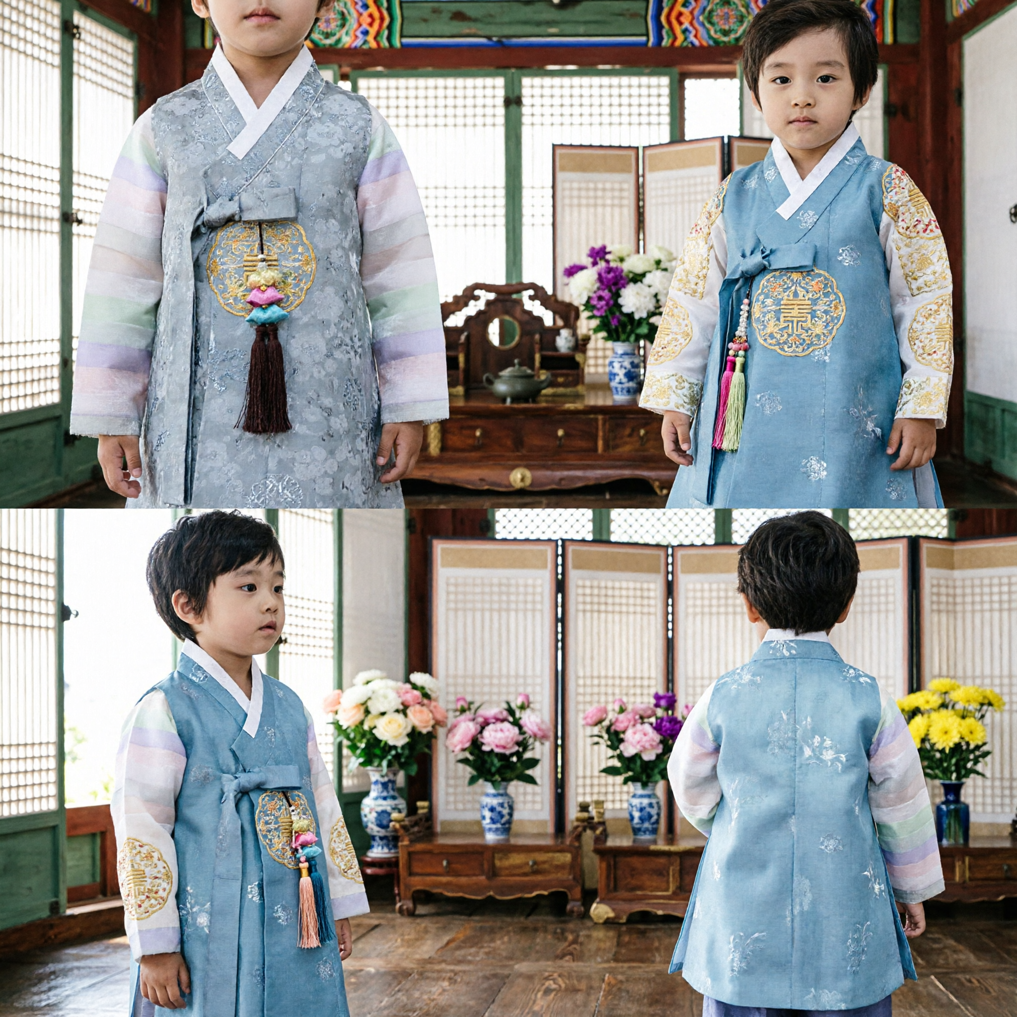 Boys Korean Hanbok Traditional Costume Set Grey Patterned Jeogori Vest and Blue Pants for Wedding Birthday