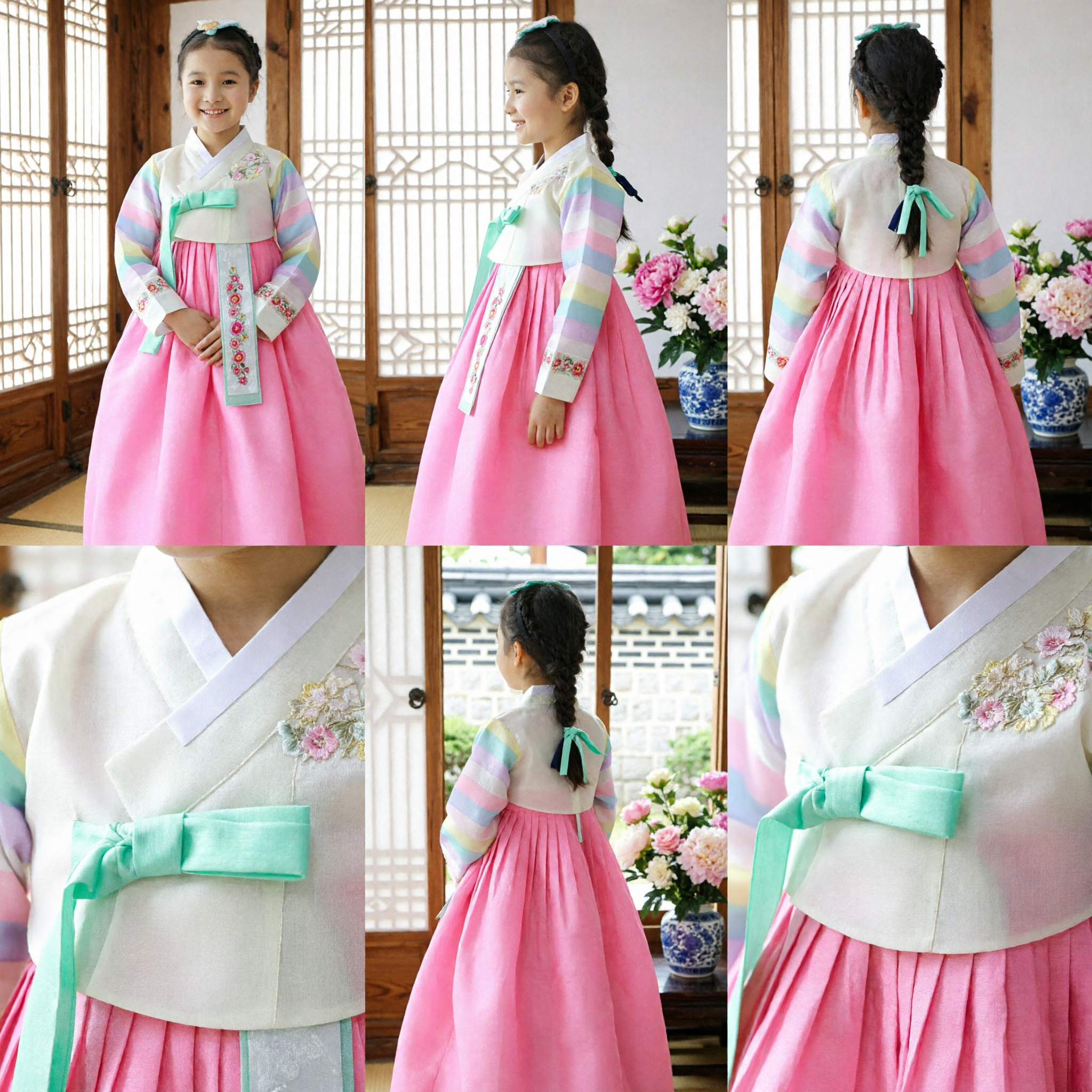 Traditional Korean Hanbok for Girls Rainbow Striped Jeogori and Pink Chima Set for Birthday and Holidays