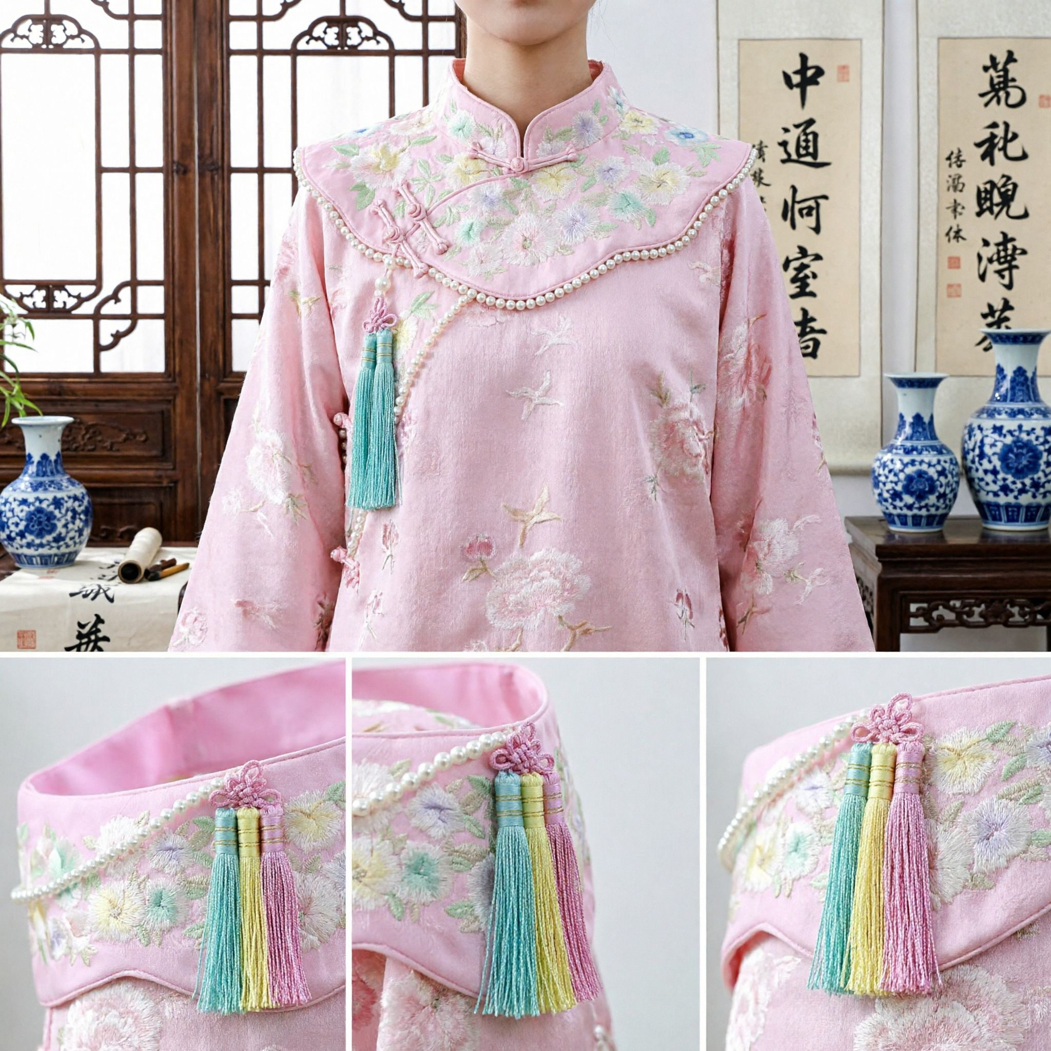 Traditional Chinese Pink Floral Embroidery Headband with Tassels for Hanfu Qing Dynasty Costume Accessories