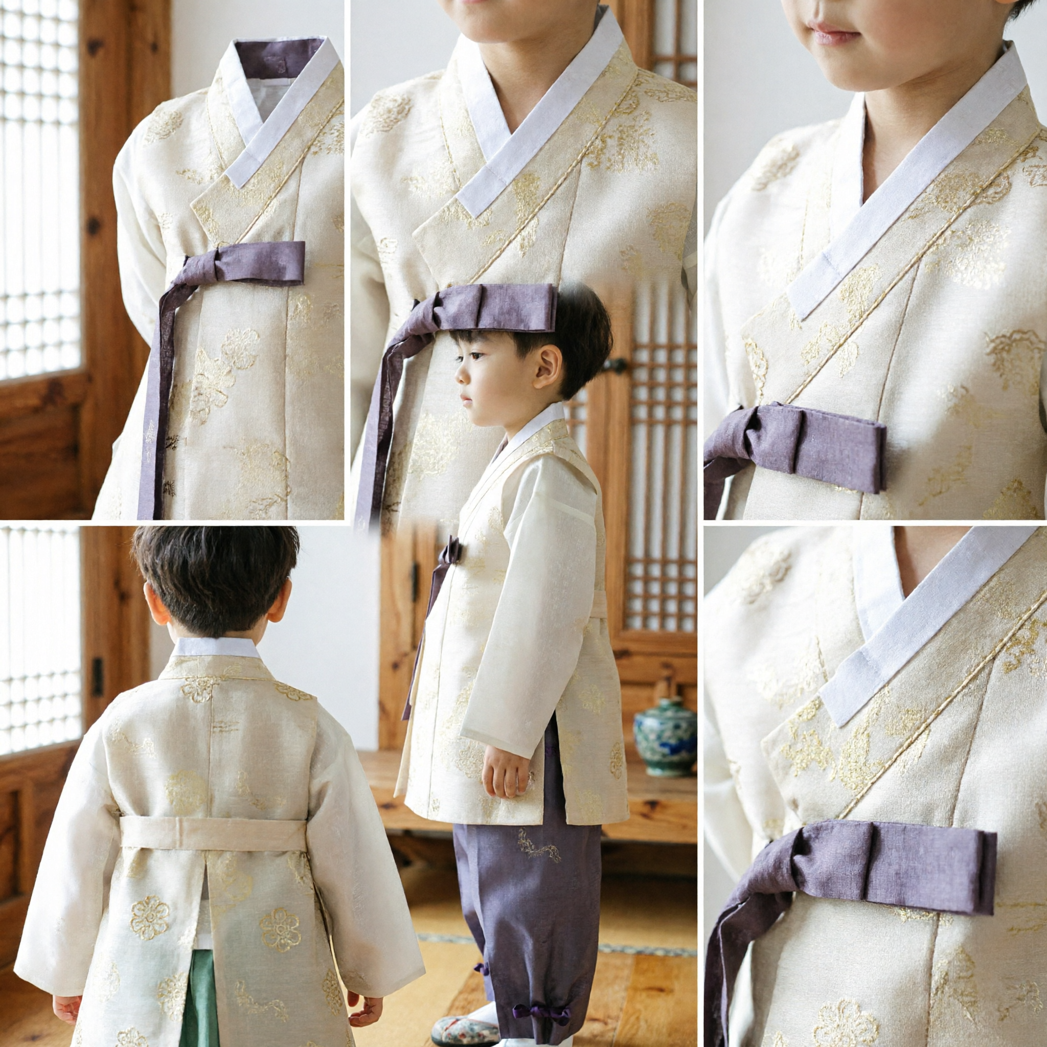 Boys Korean Hanbok Traditional Costume Cream Gold Jeogori and Grey Pants for Dol Birthday Wedding Party