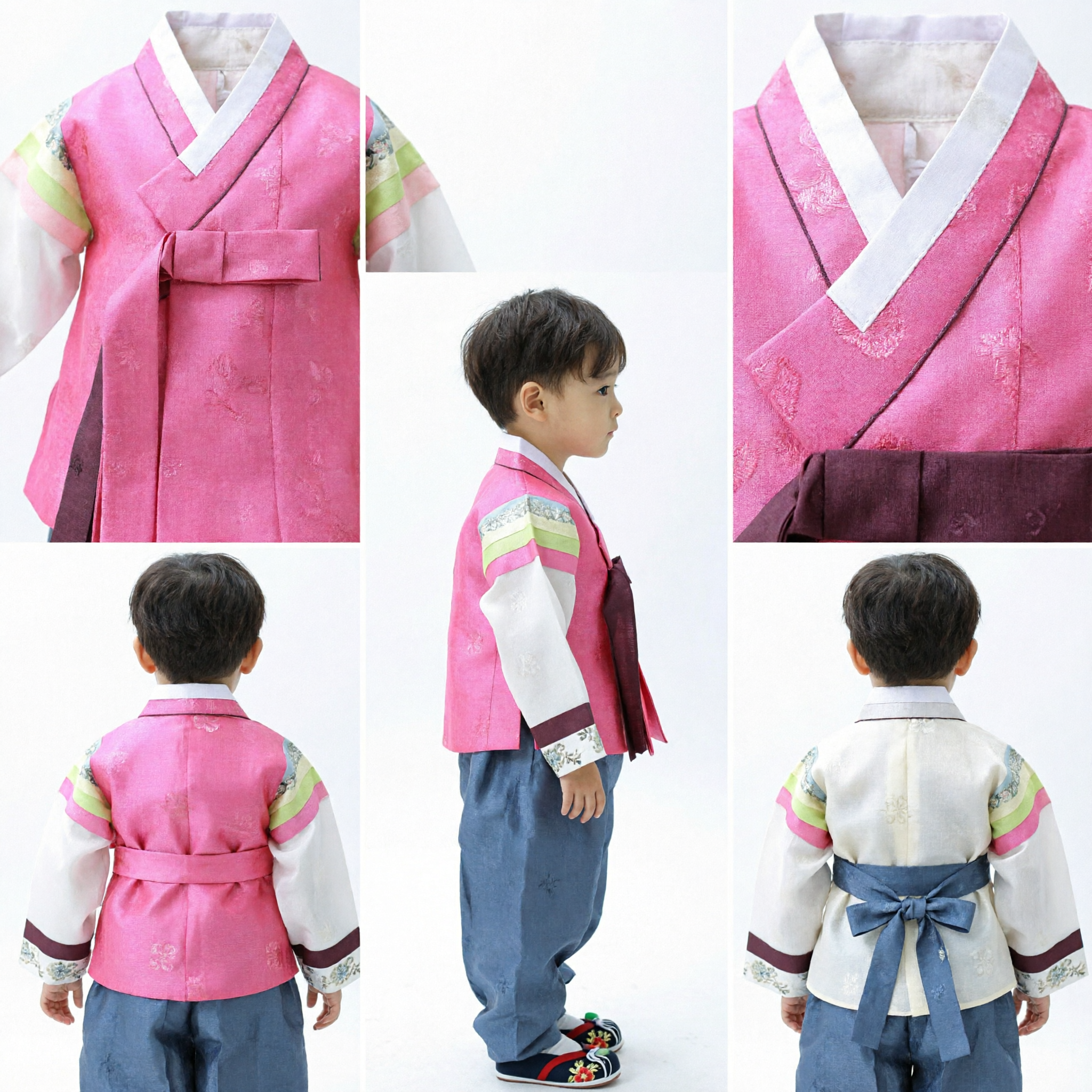 Boys Traditional Korean Hanbok Costume Pink Vest Baeja Set for Birthday and Holiday Celebrations