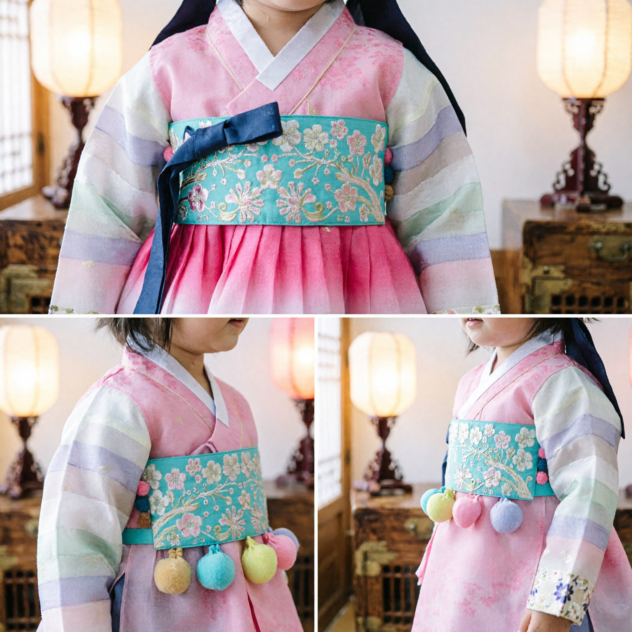 Pink Korean Hanbok for Baby Girls Traditional Dol Birthday Costume with Rainbow Sleeves and Floral Belt
