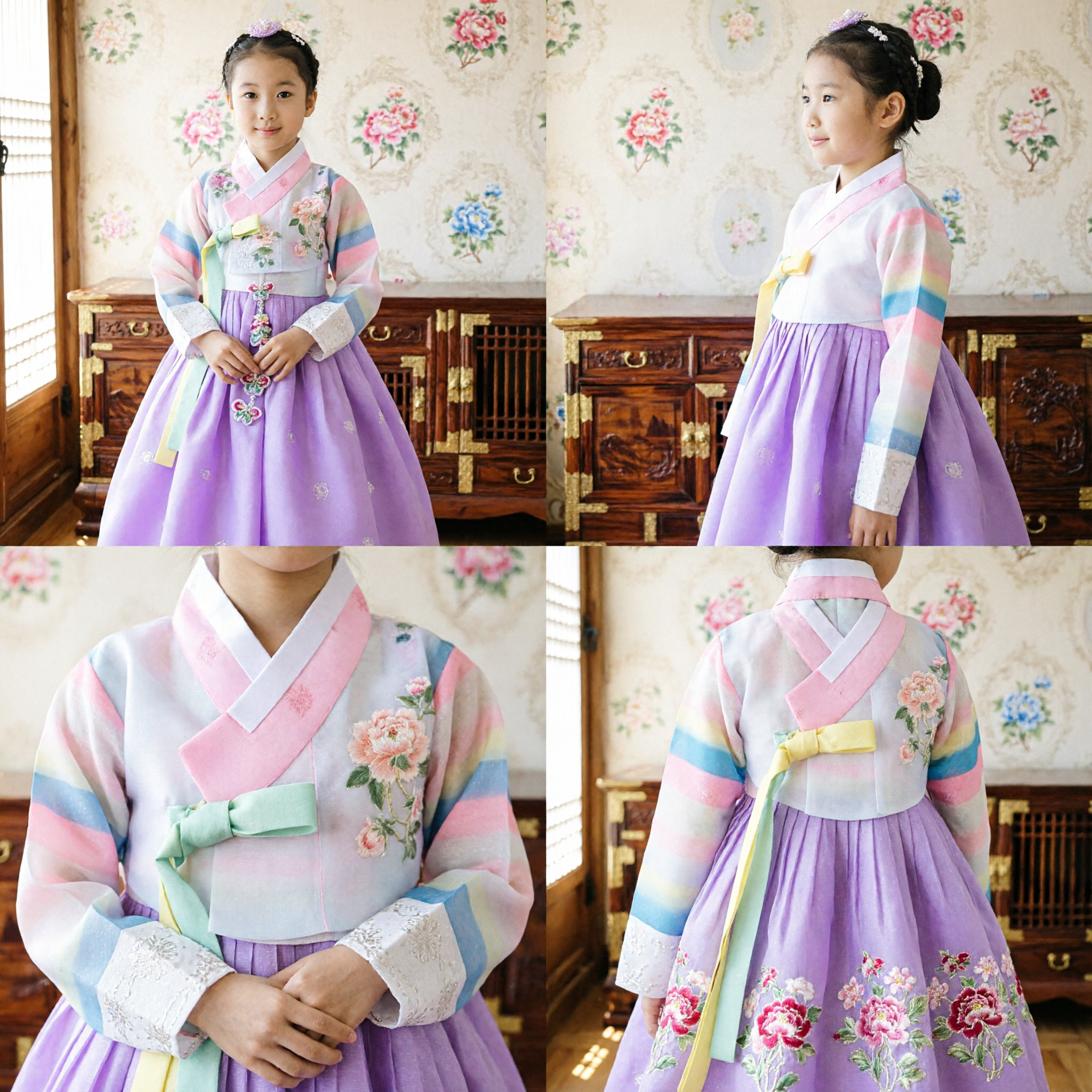 Korean Traditional Hanbok for Girls Pastel Rainbow Top Purple Skirt Kids Dress for Wedding Party