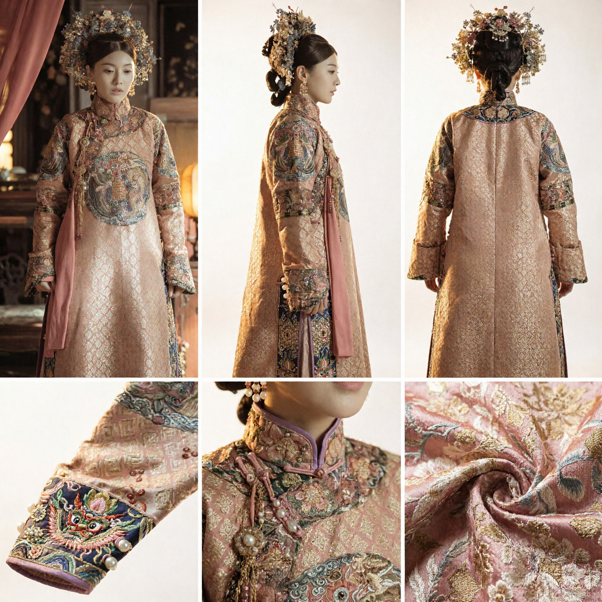 Traditional Chinese Qing Dynasty Manchu Noble Lady Wedding Dress Embroidered Robe and Headpiece for Women