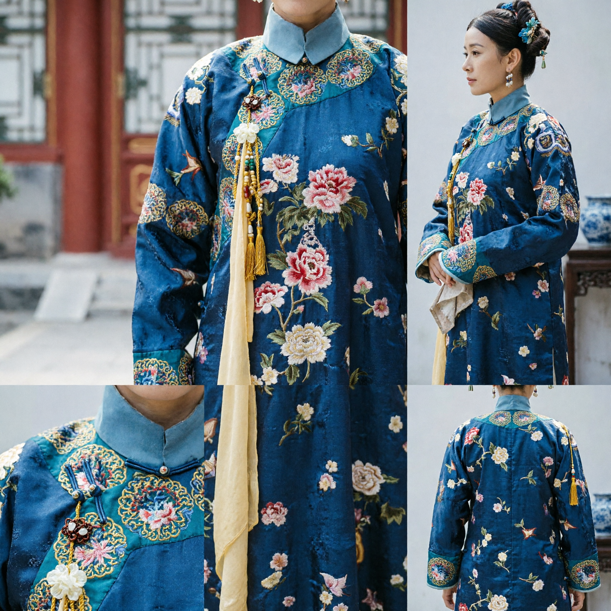 Traditional Chinese Qing Dynasty Manchu Princess Costume Blue Floral Embroidery Robe Historical Cosplay Dress for Women