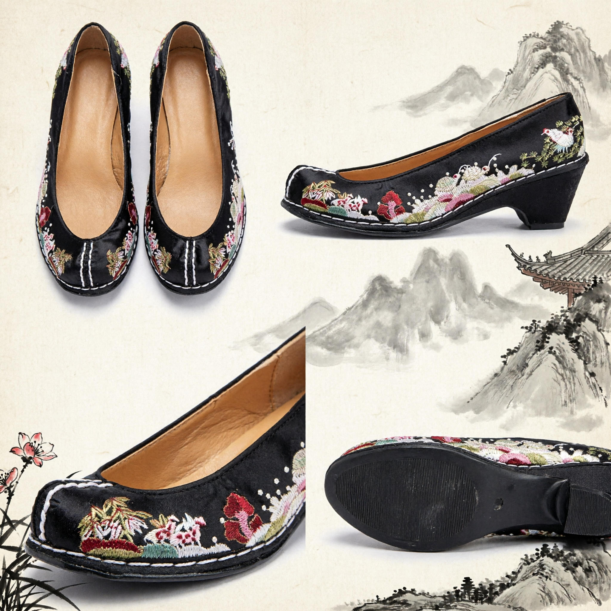 Black Embroidered Wedge Heel Traditional Chinese Shoes for Women Hanfu Qipao Costume Footwear