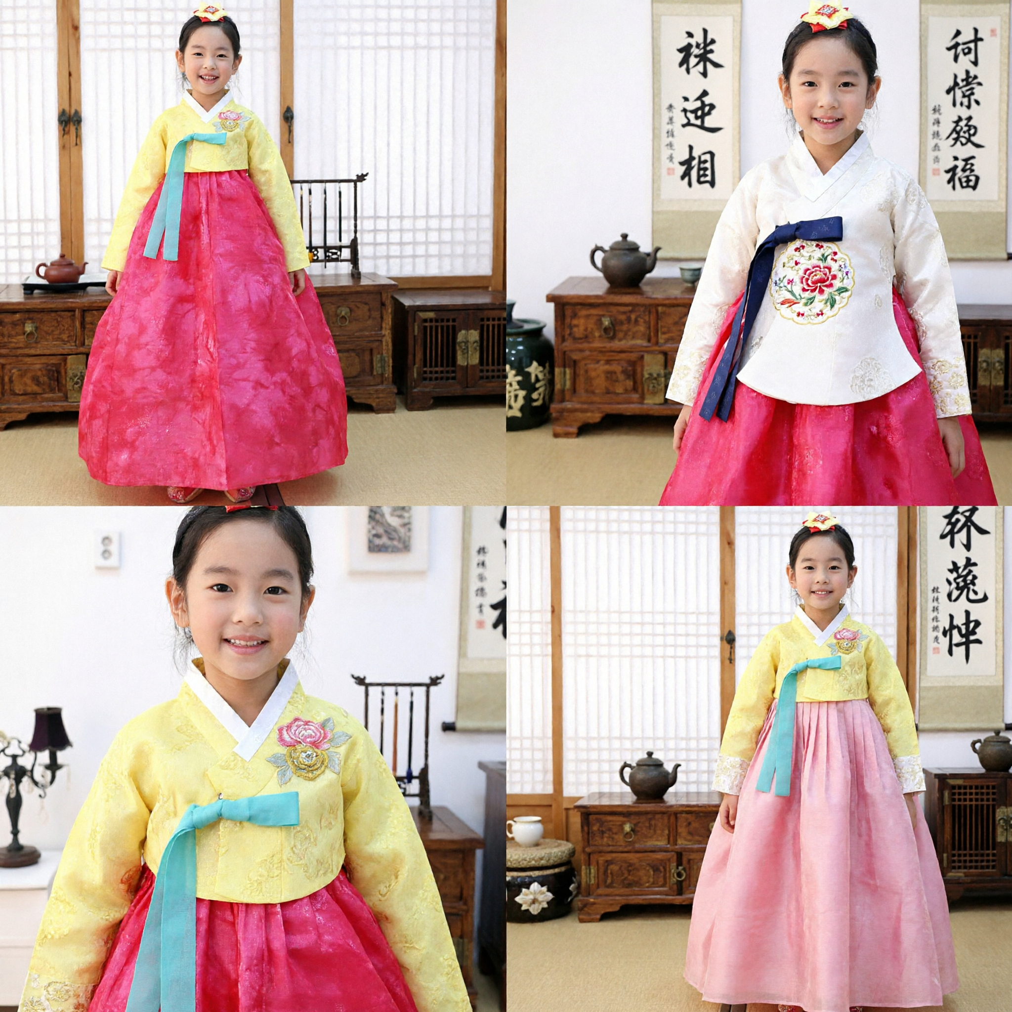Girls Traditional Korean Hanbok Dress Yellow Top Pink Skirt Kids Costume for Wedding Party