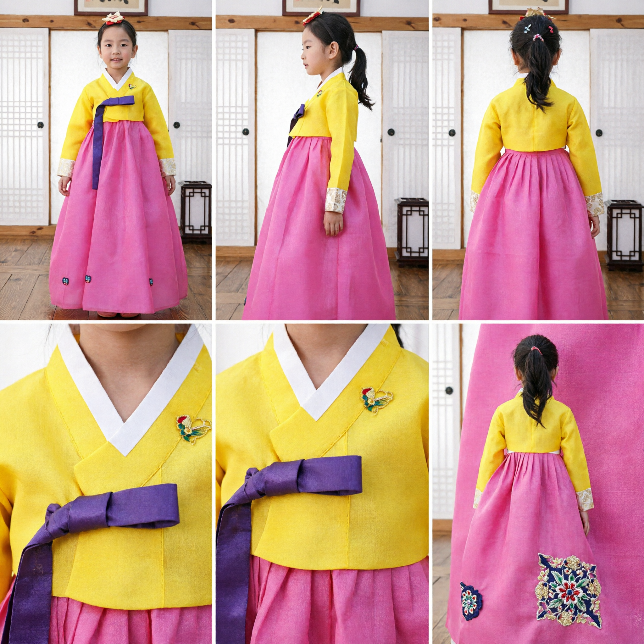 Traditional Korean Hanbok for Girls Yellow Jeogori Pink Chima Kids Formal Dress for Celebrations