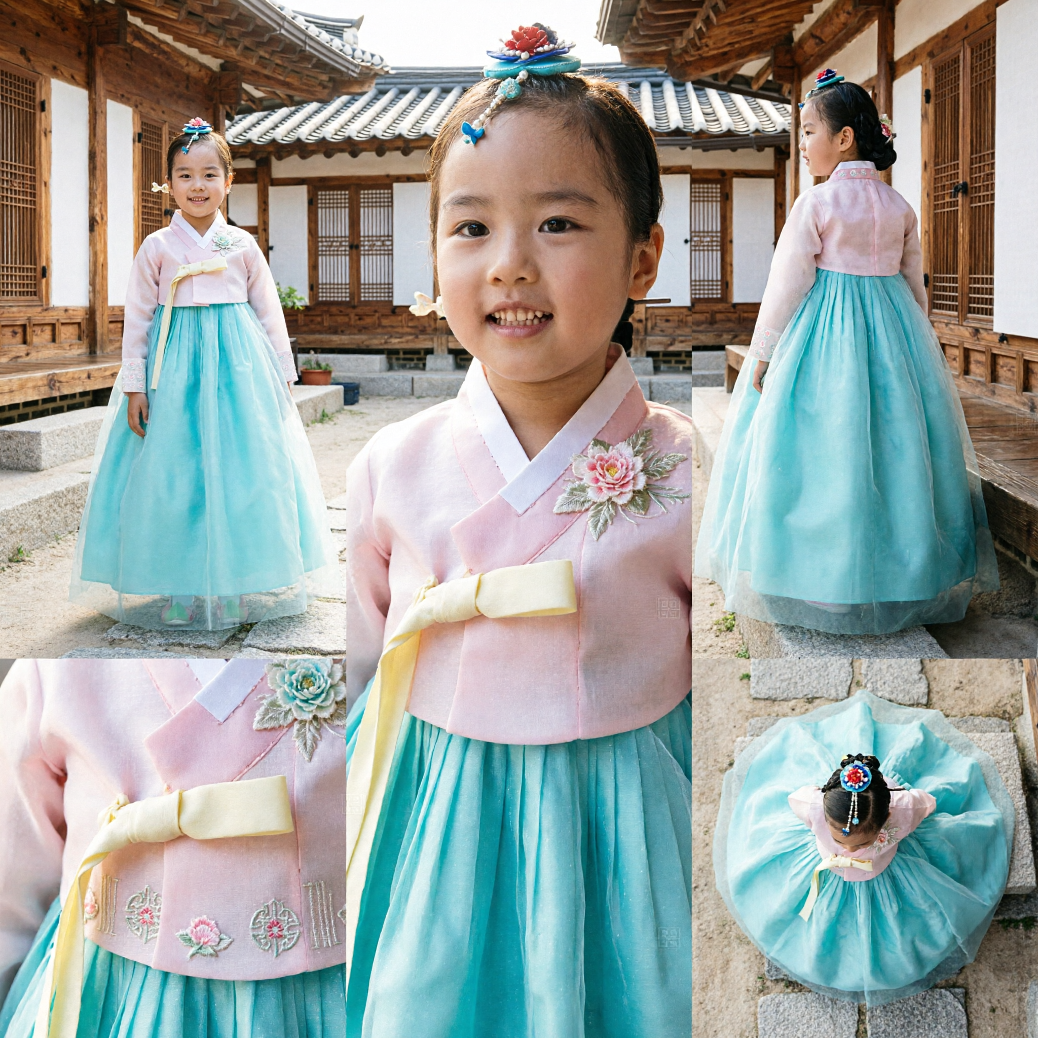 Traditional Korean Hanbok Dress for Girls Pink Jeogori and Blue Chima Costume for Kids Special Occasions