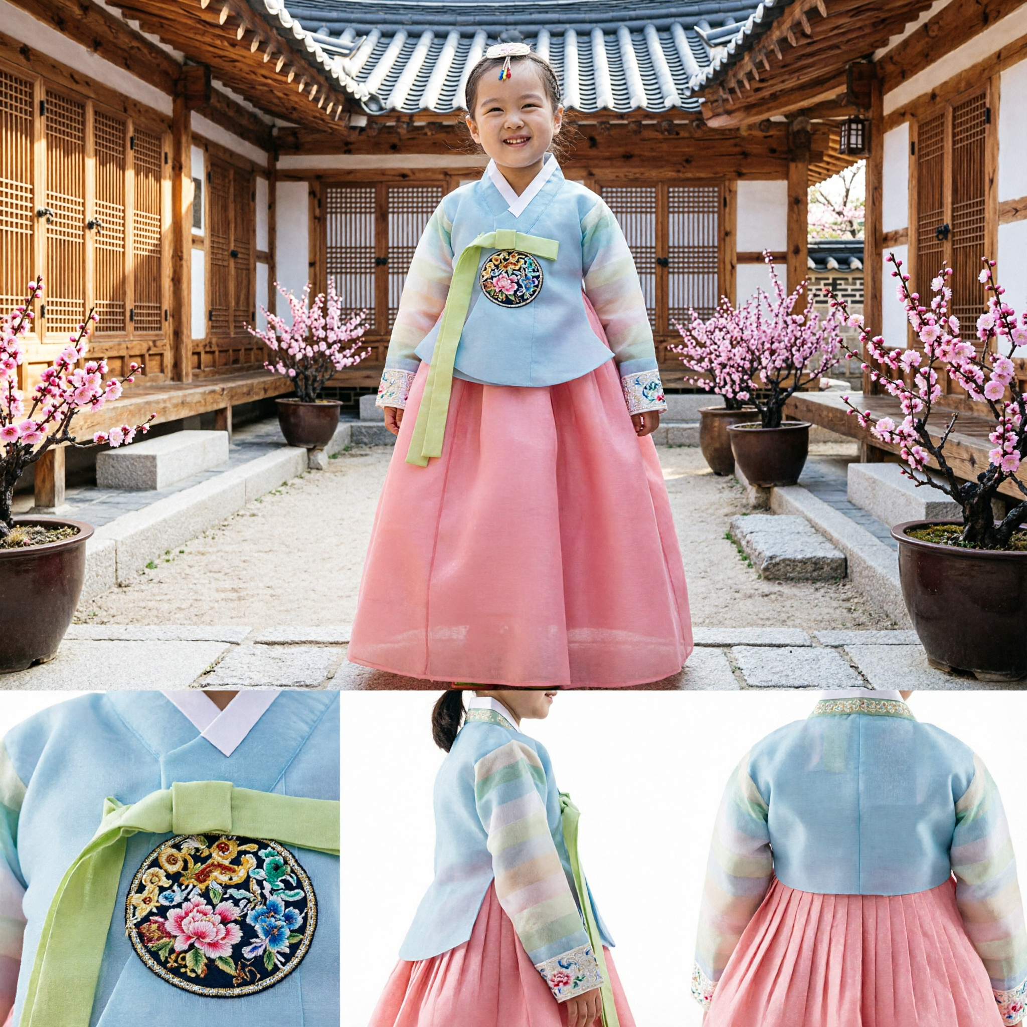 Traditional Korean Hanbok for Girls Kids Rainbow Sleeve Jeogori Pink Chima Dress for Doljanchi Celebration