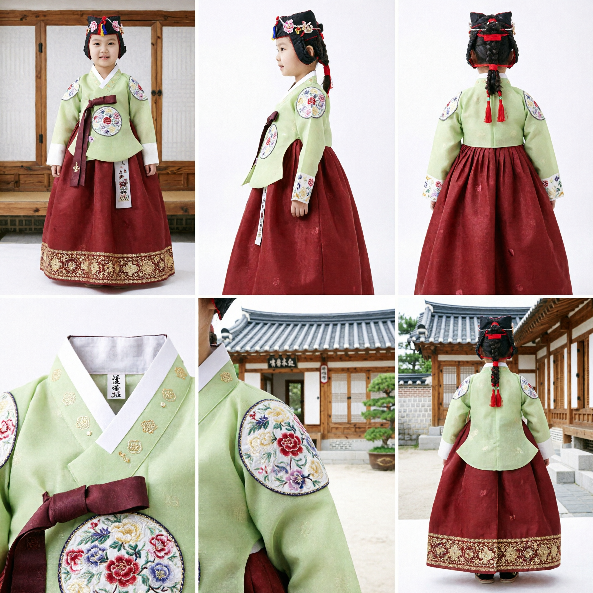Traditional Korean Hanbok for Girls Kids Green Jeogori Red Chima Embroidered Dress for Wedding Birthday Party