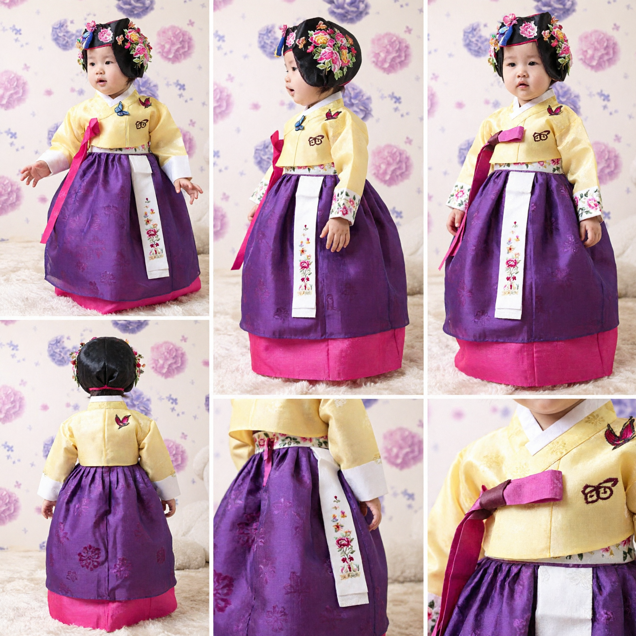 Traditional Korean Hanbok for Baby Girls Yellow Jeogori and Purple Chima Dress for First Birthday Party