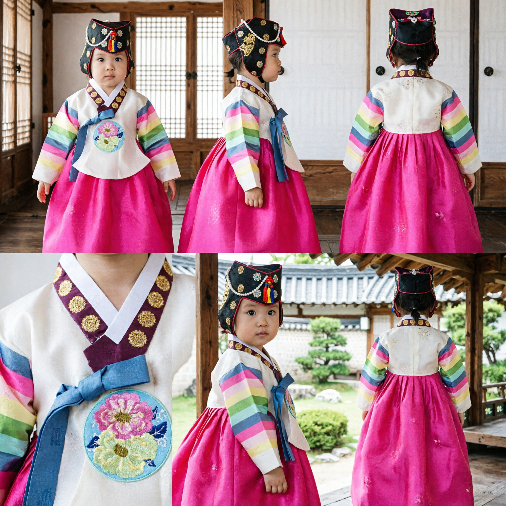 Traditional Korean Hanbok for Baby Girl Rainbow Striped Jeogori Pink Chima Costume for Festivals