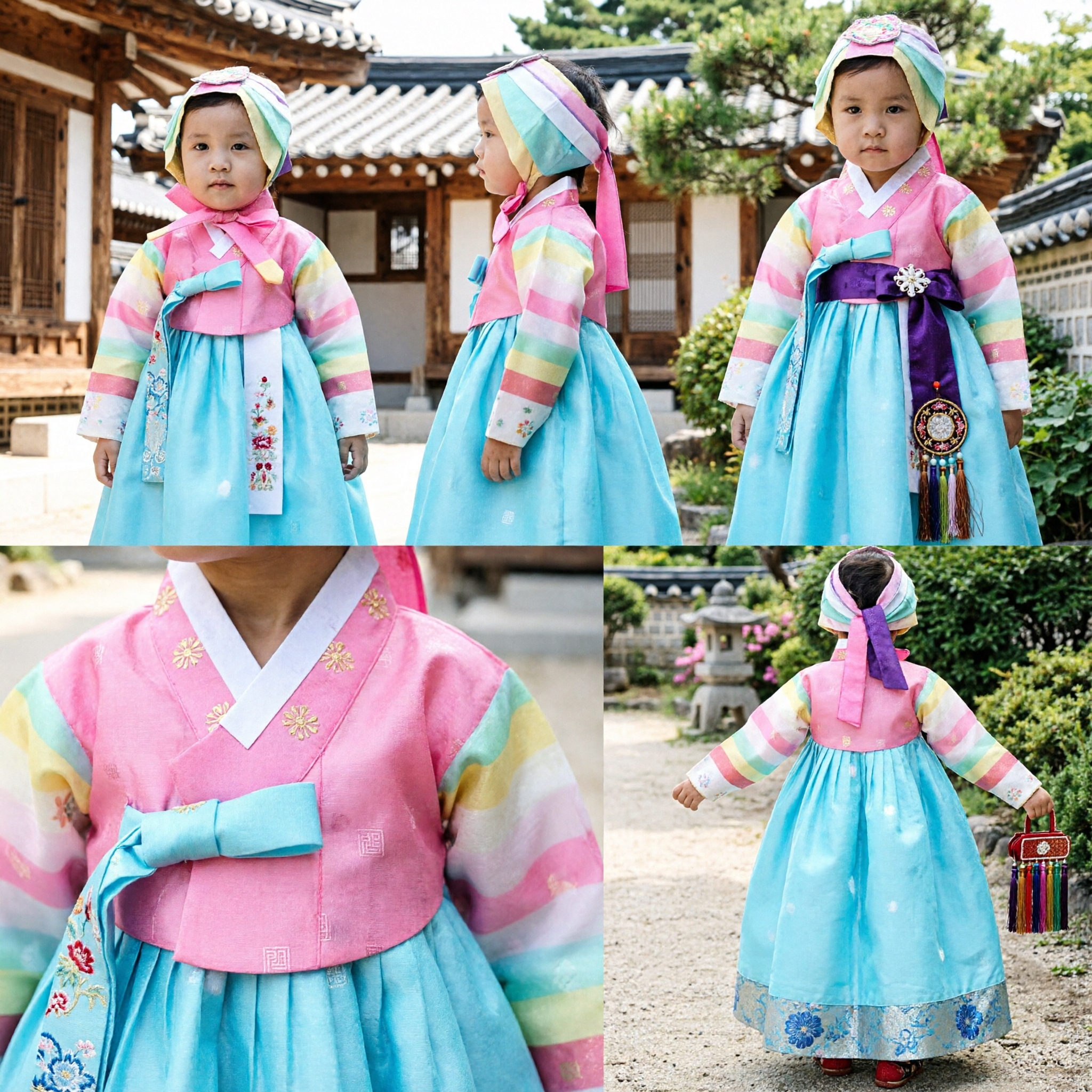 Traditional Korean Hanbok for Baby Girl Pink Rainbow Jeogori Blue Chima Set for First Birthday