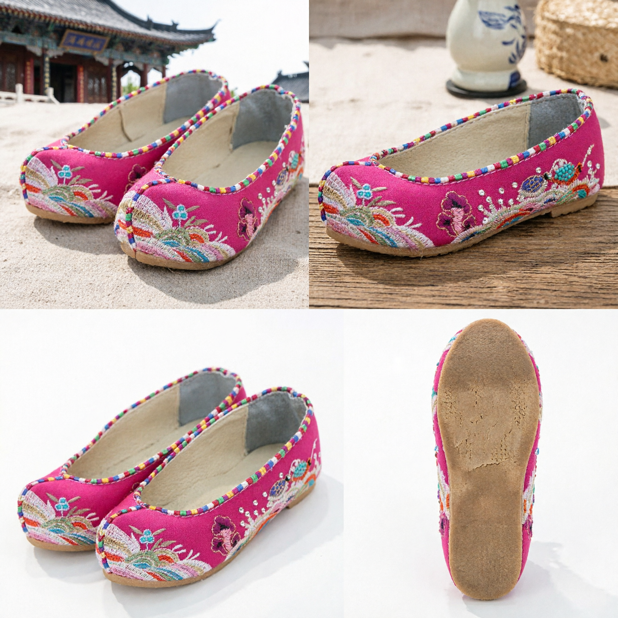 Traditional Chinese Pink Embroidered Hanfu Shoes Ancient Style Floral Flat Cloth Shoes for Women and Girls